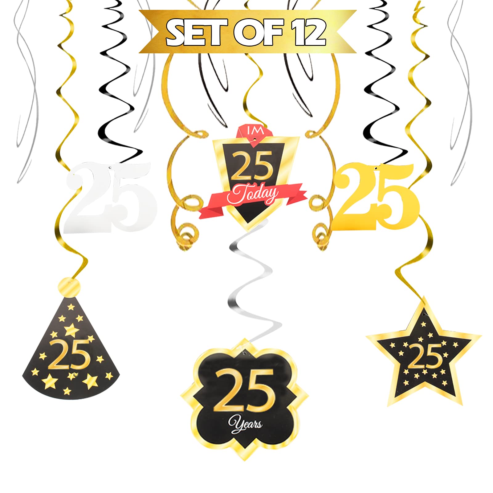 LINGTEER Happy 25th Birthday Decorations - 12Pcs Birthday Black & Gold Swirls Streamer Set,Cheers to 25 Years Old Bday Party Decorations Gift Sign.