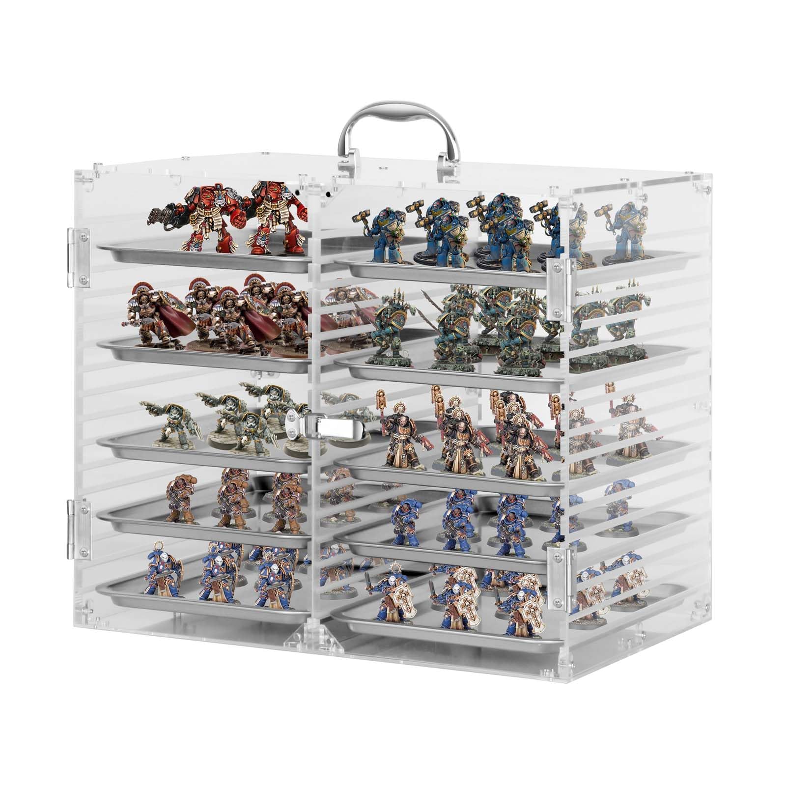 Clear Acrylic Miniature Storage Case, Extra Large Miniatures Carrying Case with 10 Magnetic Metal Trays, Miniature Display Case with Protective Door Compatible with Warhammer 40k (Extra Large)