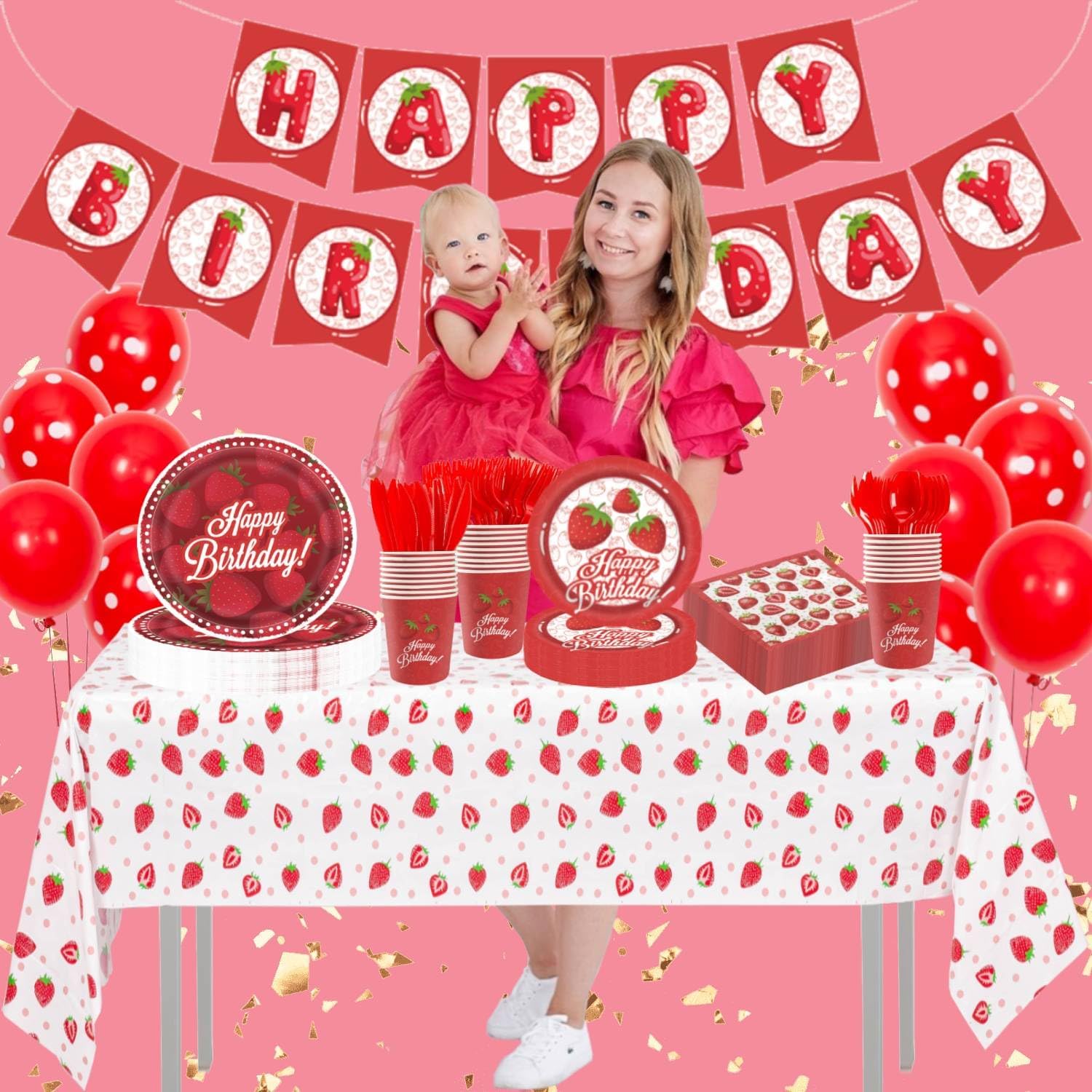 Strawberry Party Decorations Strawberry Themed Birthday Tableware Disposable Plate, Tablecloth Strawberry Baby Shower, Sweet One Birthday Party for Berry First Birthday Party Supplies Serve 24