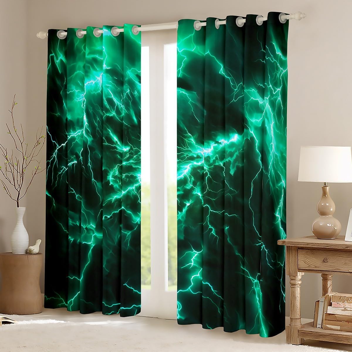 Geometric Lightning Kids Window Curtains,Flash Natural Disaster Modern Window Drapes for Girls Boys,Abstract Nature View Black Fashion Window Treatments Grommet Top 2 Panel Set,38Wx54L inch