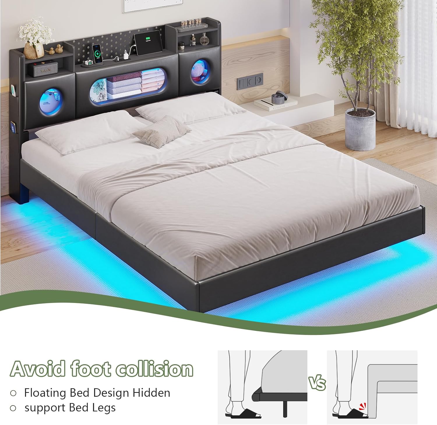 Dnxao Floating Bed Frame Queen with Headboard, Upholstered Platform Queen Bed Frame with Storage, LED Lights and Charging Station, Noise Free, No Box Spring Needed,Quick Setup System,PU Black