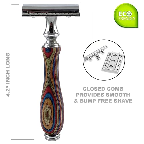 Miniatura 3 de Maquinilla de afeitar de seguridad con mango de madera larga para hombres y mujeres, maquinilla de afeitar manual de doble filo, se adapta a todas
