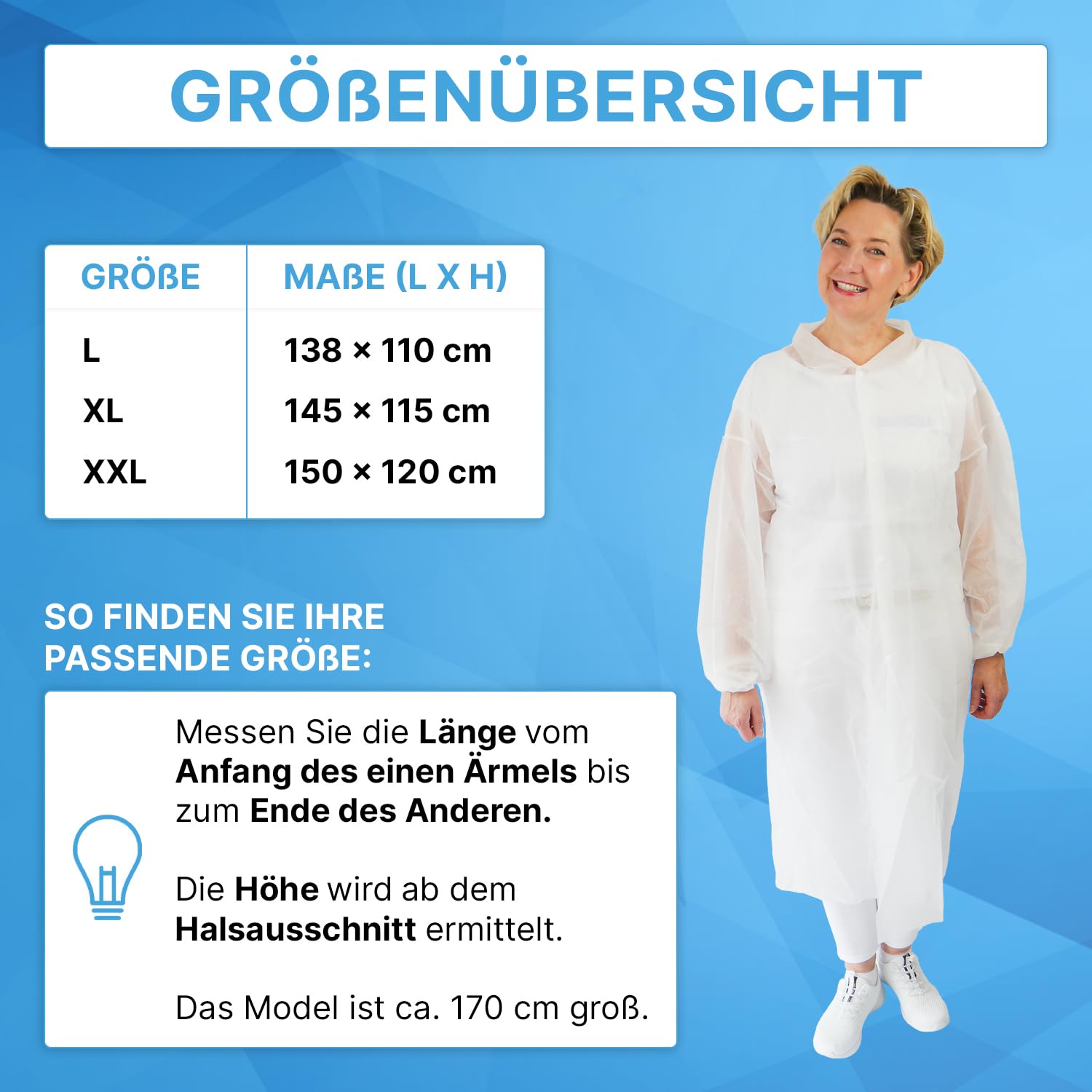 100x ARNOMED® PP Besuchermantel Einweg L, Einmal Schutzkittel Weiß | Vlieskittel, Einwegkittel Schutzkittel mit Druckknöpfen, Einwegmantel Plastik Maleranzug, OP Kittel Lebensmitteltauglich