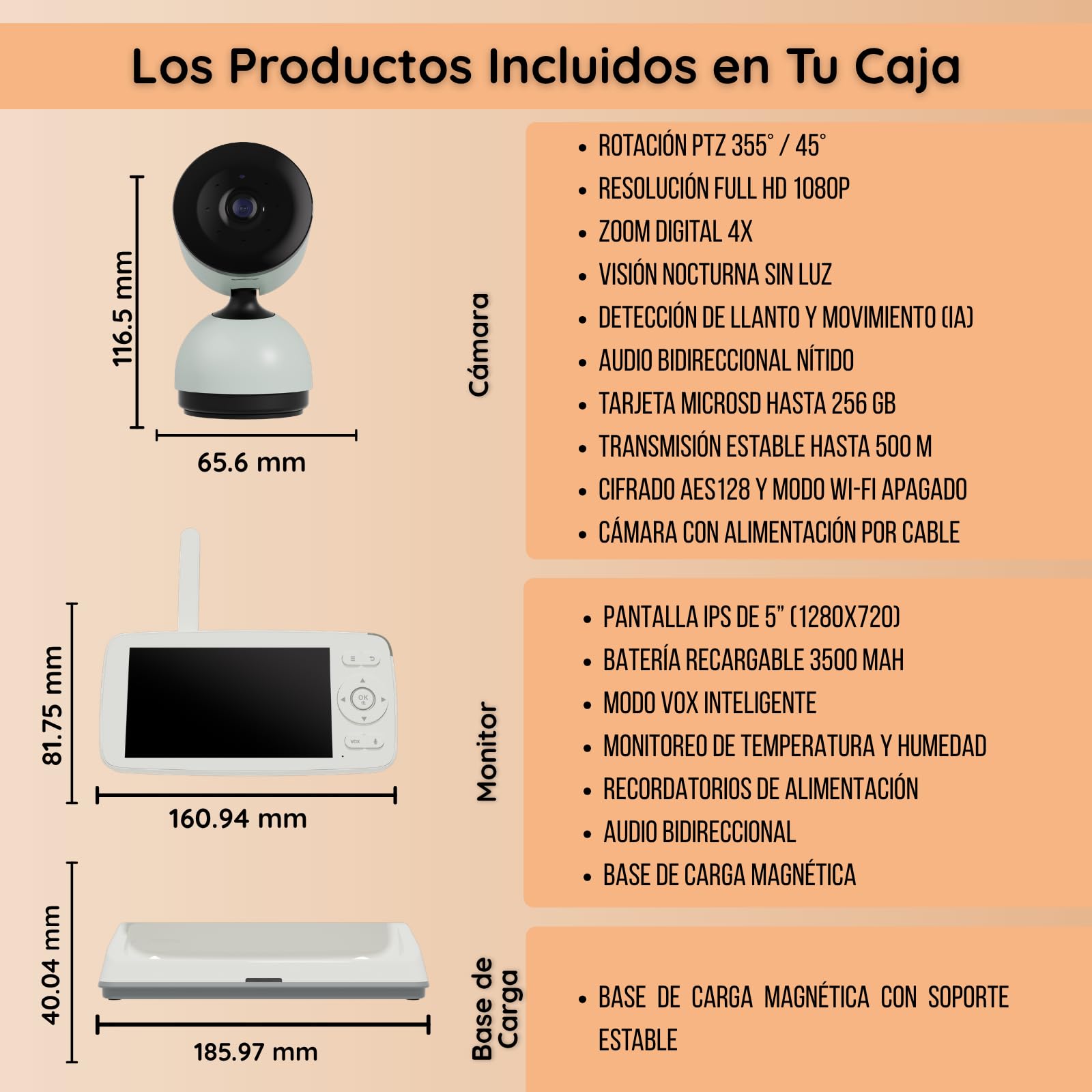 Cámara de vigilancia para bebé PTZ, Full HD 1080P, monitor IPS de 5", audio bidireccional, detección de llanto y movimiento, visión nocturna, VOX, modo Wi-Fi apagado, Wi-Fi remoto, largo alcance 500 m