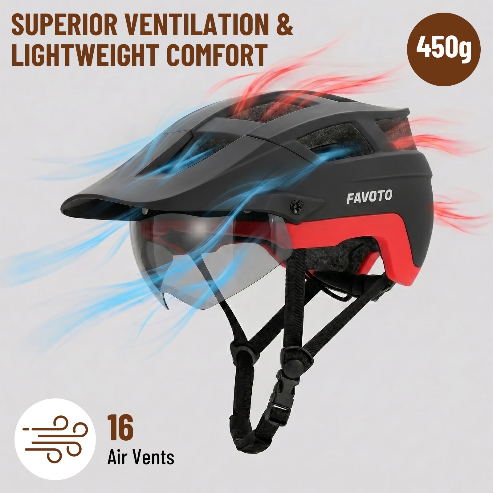 Favoto Fahrradhelm für Erwachsene für Rennrad und Mountainbike, mit USB wiederaufladbarem LED-Rücklicht, magnetischer Brille und Abnehmbarer Sonnenblende, Helm für Damen und Herren