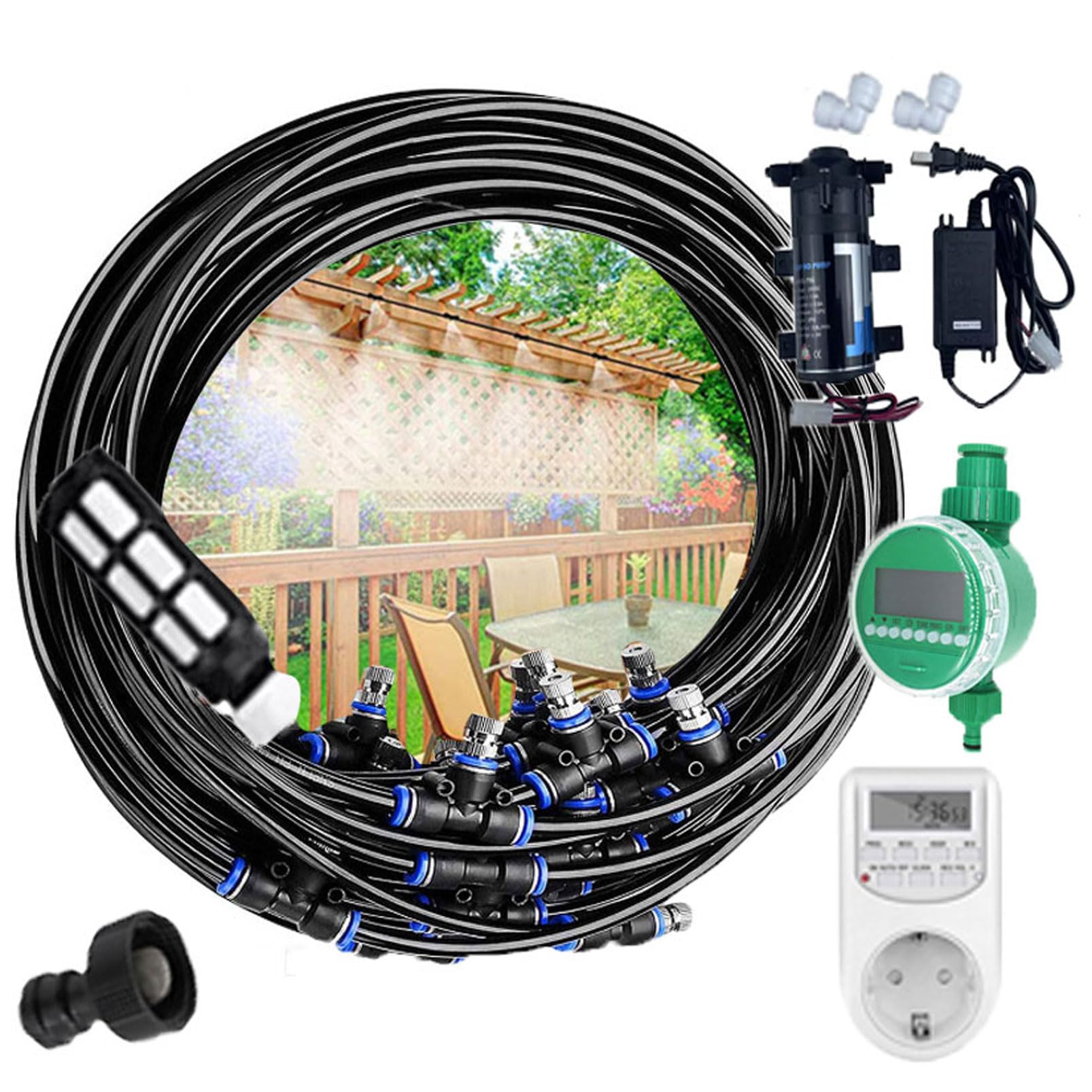 50M Sisteme de Nebulización Refrigeración con cronómetro y Bomba, Boquilla Kit de Riego Automático con Boquilla, Sisteme de Nebulización Automática para Jardín Terraza Invernadero