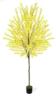 6Ft Tall Artificial Winter Jasmine Tree, Fake Tree Faux Silk Plant with Plastic Nursery Pot,Artificial Plants for Home Office Indoor Decor(Yellow)