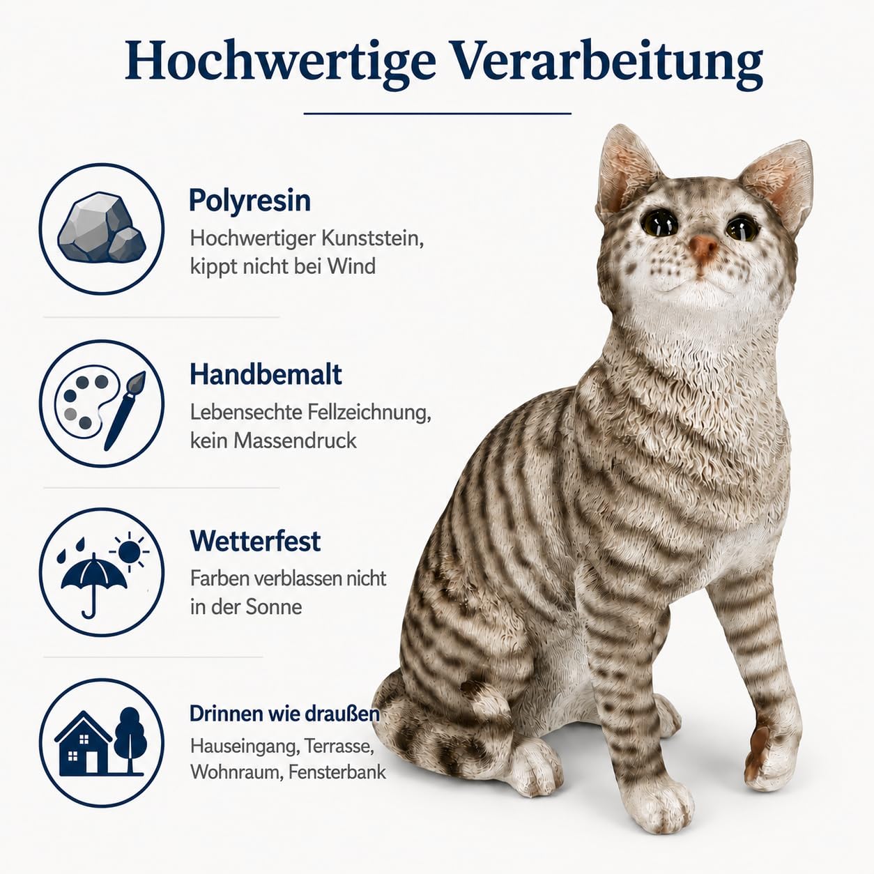 Figuren Shop GmbH Gartenfigur Katze sitzend 34,5 cm – grau getigerte Katzenfigur mit erhobener Pfote aus Polyresin, handbemalt und wetterfest – Tierfigur Gartenskulptur für Haustür und Terrasse