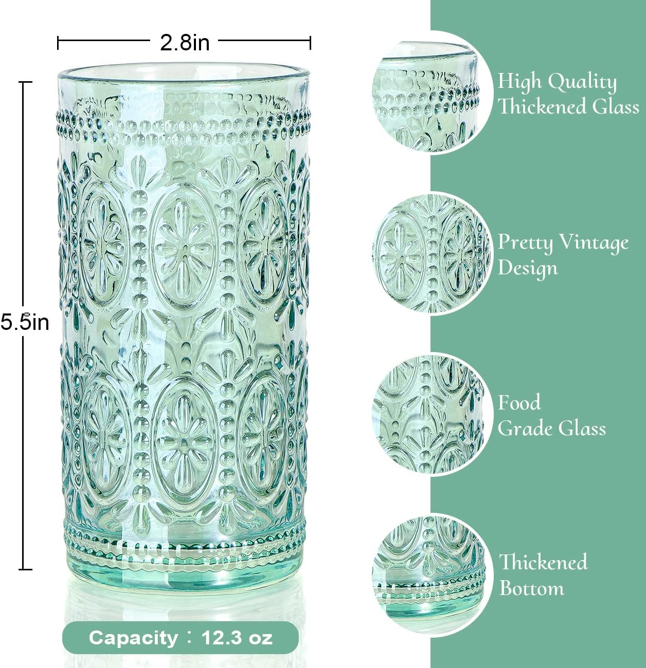 Green Drinking Glasses Set of 4, Vintage Drinking Glasses, Colored Glassware Drinking, Highball Beverage Glasses Cup, Vintage Glassware Set for Water, Juice, Cocktail, Coffee - Image 2