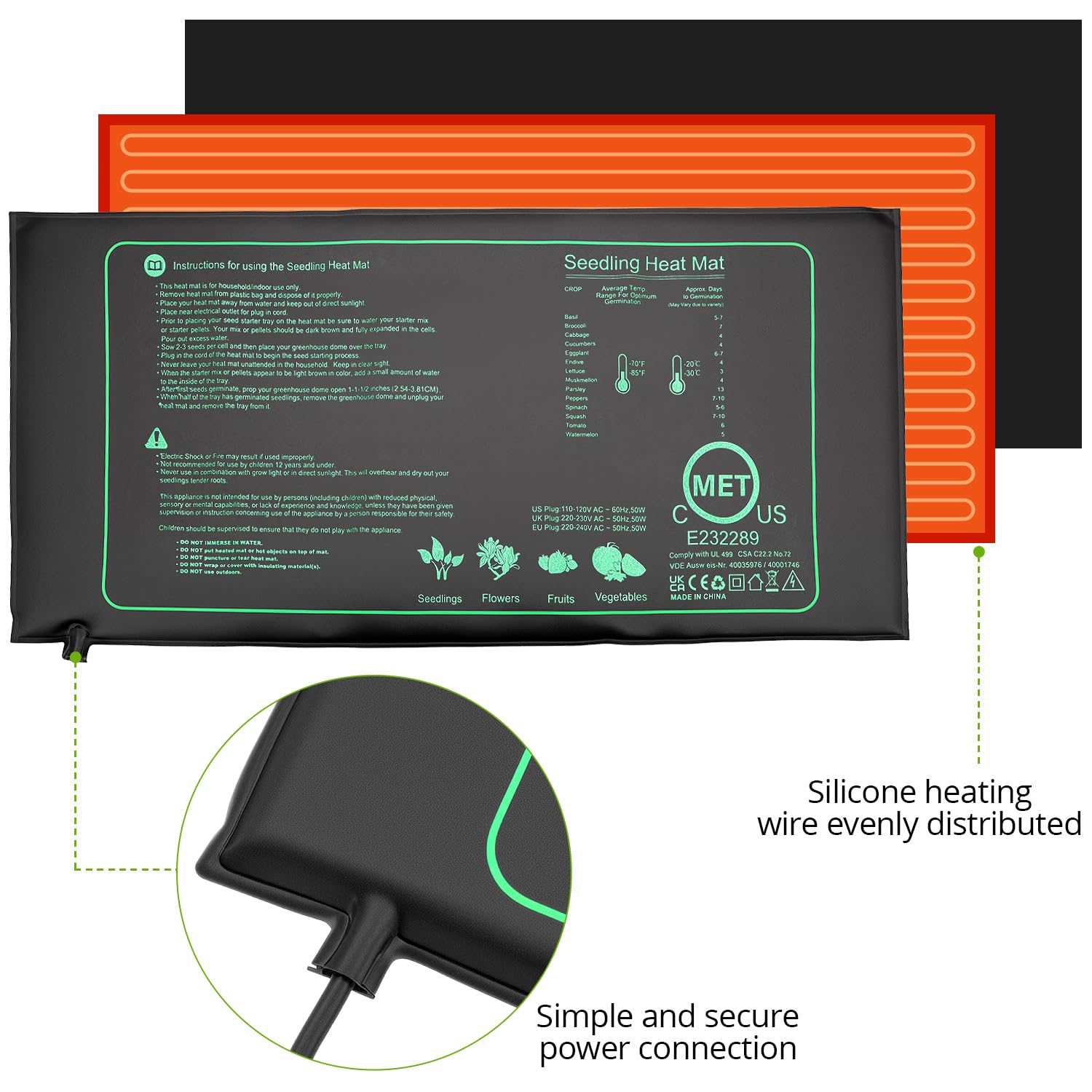 QWORK® Tappetino Riscaldante con Termostato, Tappetino Riscaldante Piante, 50 W 20 ℃ ~ 45 ℃ Intervallo di Temperatura Tappetino Riscaldante, per Serra Interna, Terrario, Acquario, Rettile