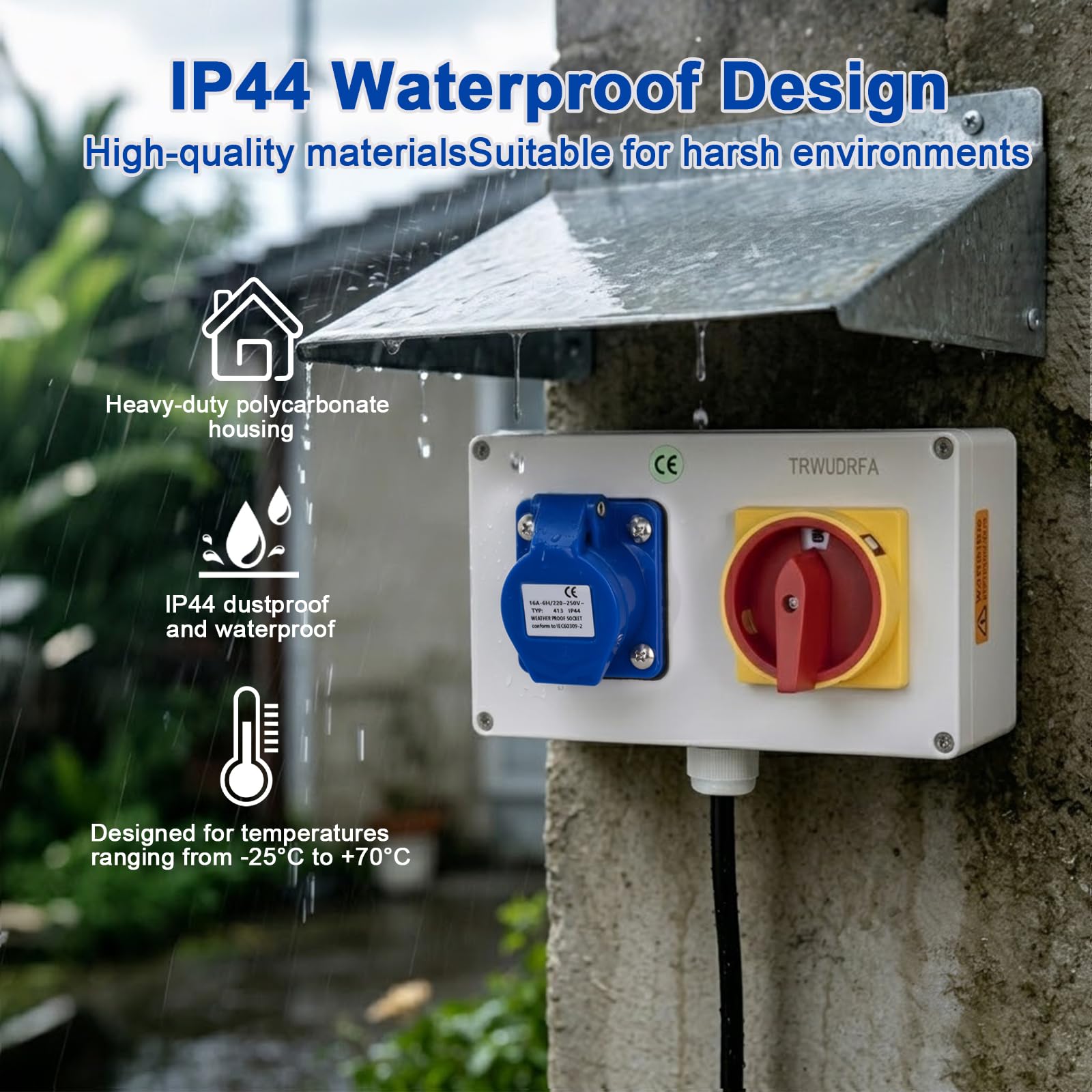 Presa CEE da parete 230 V, 16 A, 3P, distributore di corrente da parete, con azionamento a camme 0-1, interruttore principale bloccabile (20 A), IP44, per cantieri, garage e impianti