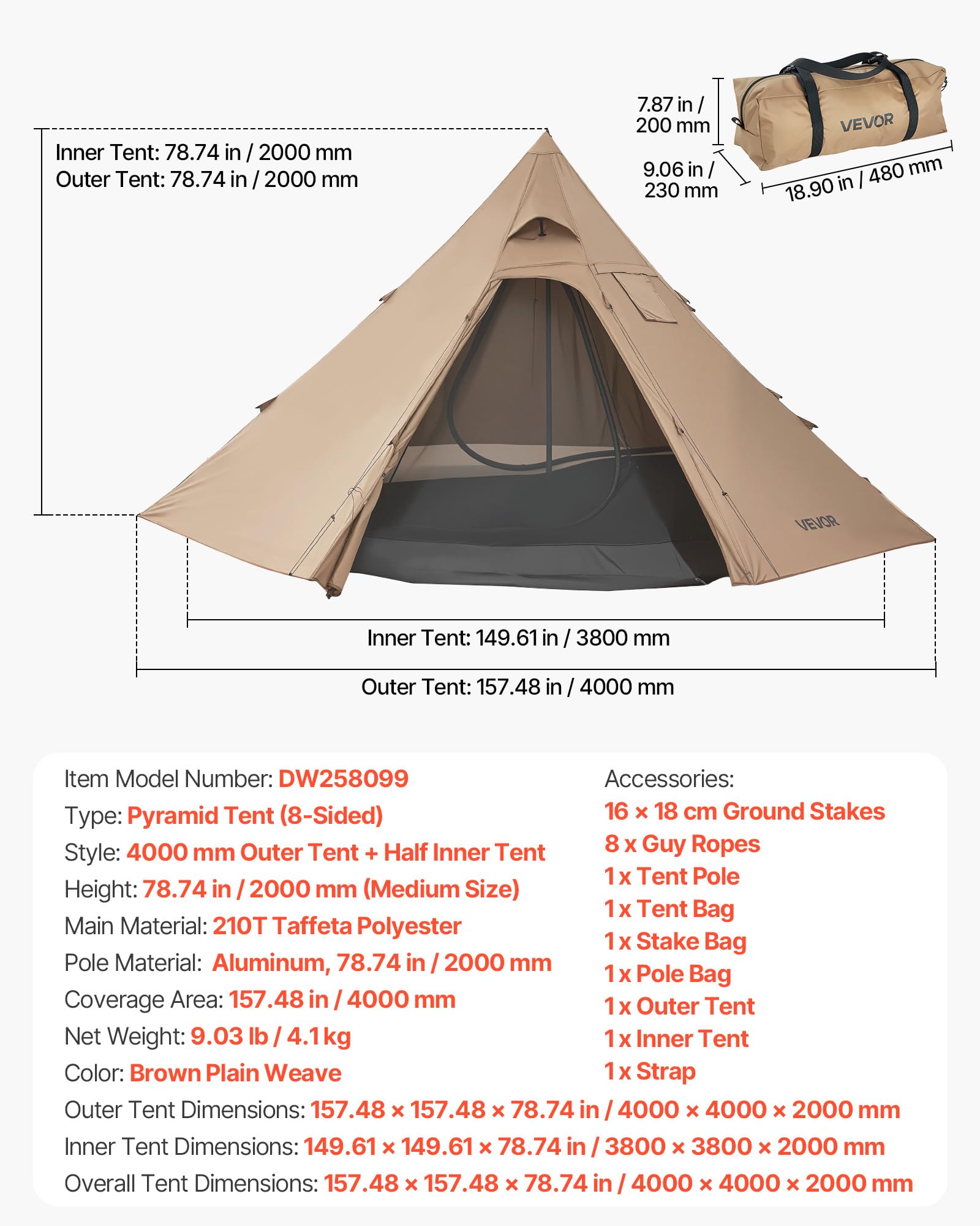 VEVOR Campingzelt für 4 Personen, Tipi-Zelt mit Ofenanschluss & Innenzelt, tragbare Wintercampingzelte mit Schneefang, wasserdichte 4-Jahreszeiten-Schutzzelte zum Angeln & Rucksackreisen