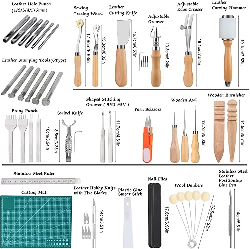 Vista 2 de Leather Working Kit, Leather Tools, Working Tool Kits with Stamping Tools Storage Bag Cutting Mat Prong Punch Waxed Thread Stitching Groover for DIY