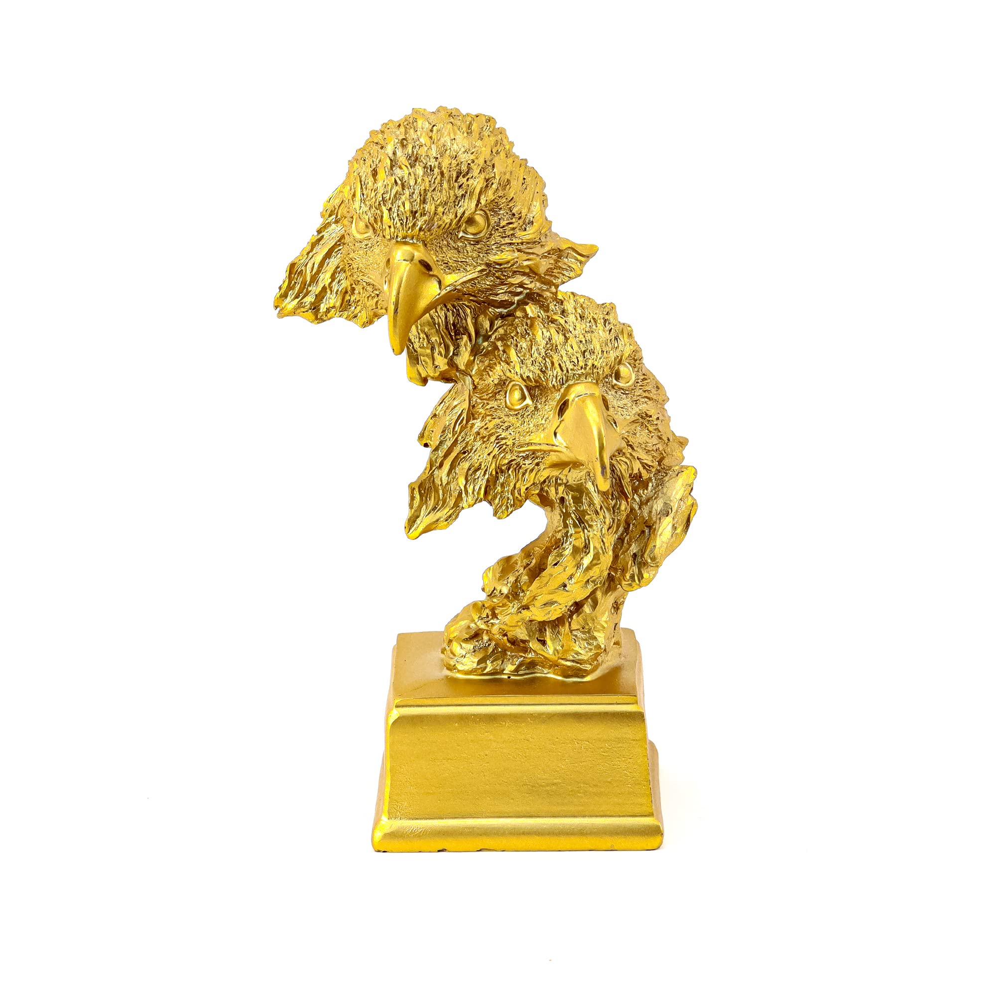Polyresin Two Eagles Head Statue 8.25" Inch, Handcrafted Mini 2 Eagle Heads Sculptures with Base Stand Gold Color, Resin Craft Animal Figurines Sculpture for Home Office Desktop Indoor Decoration