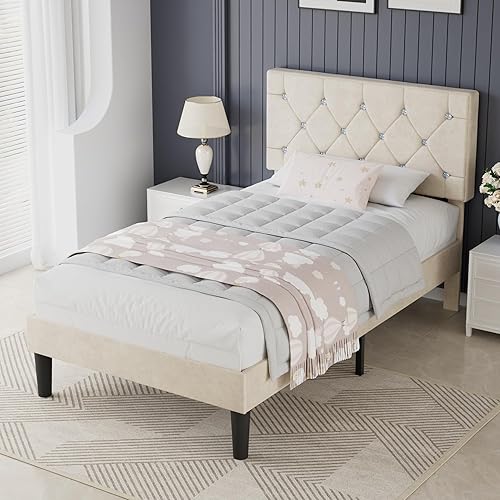 Miniatura 79 de VECELO Base de cama de tamaño individual, plataforma tapizada con cabecera ajustable de diamante, soporte de listones de madera, no necesita somier,