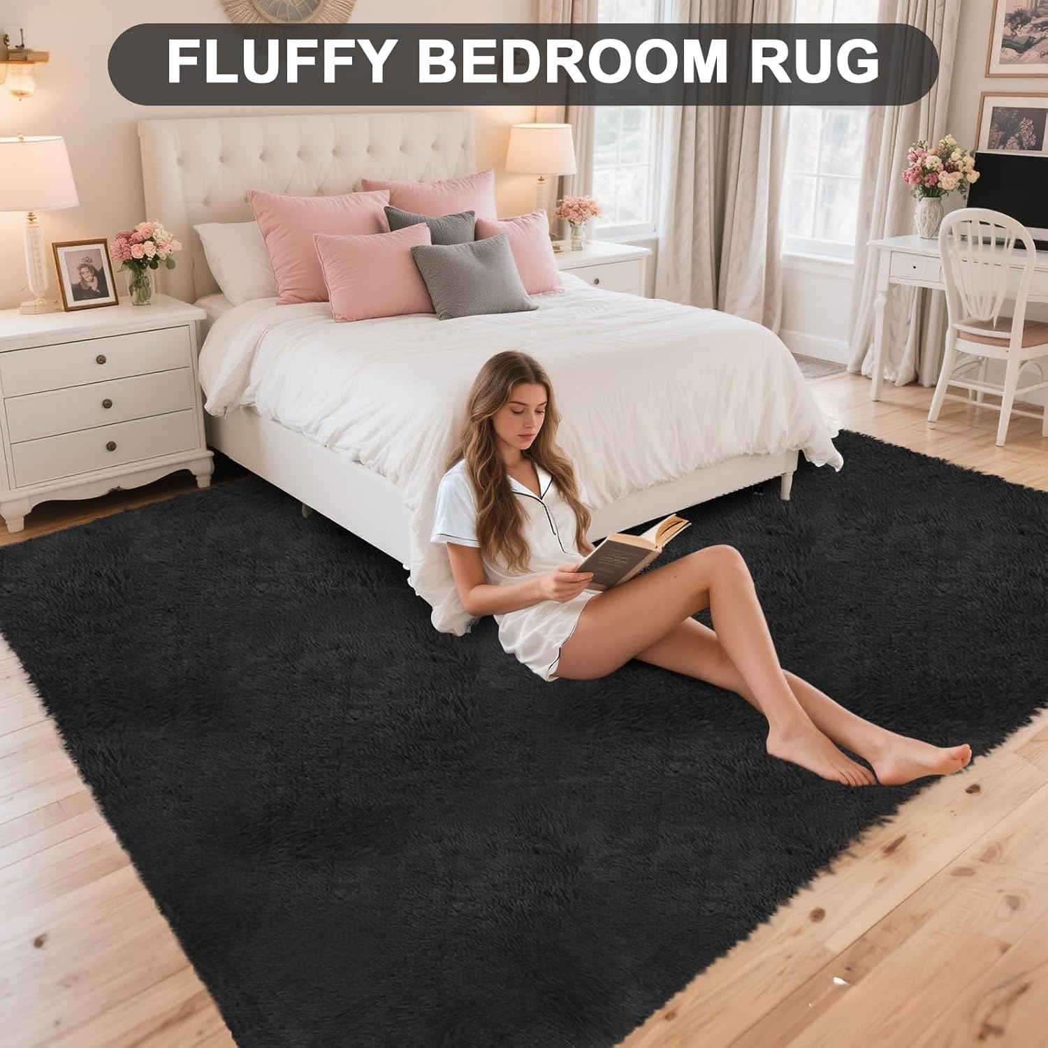 9x12 shag area rugs for living room, extra large ultra soft fluffy furry rug for bedroom, indoor carpet plush fuzzy nursery rugs for kids girls and boys, dorms, classroom, home decor aesthetic, black black 9' x 12' (rectangular)