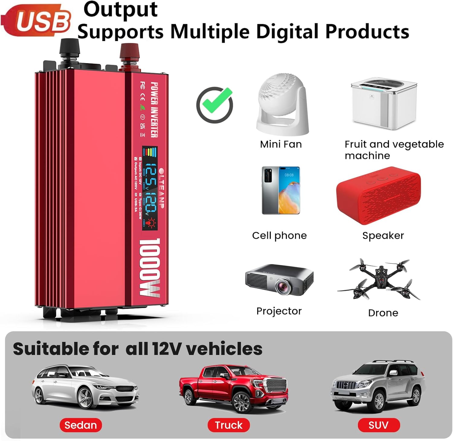 1000W Power Inverter with LCD Screen Display, 2 AC Outlets, 36W Type-C Port, 5V/3A USB Port, 12V DC to 110V/120V AC Inverter for Truck, Home, Vehicles, Laptop, Trip