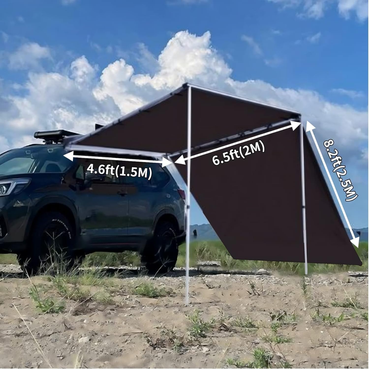 DANCHEL OUTDOOR Portable Waterproof Car Awning with 2 Side Wall for Camping Overlanding, Vehicle Tarp for Trucks, SUV Campers, Pull-Out Roof Rack Awning,4.9x6.5ft Brown