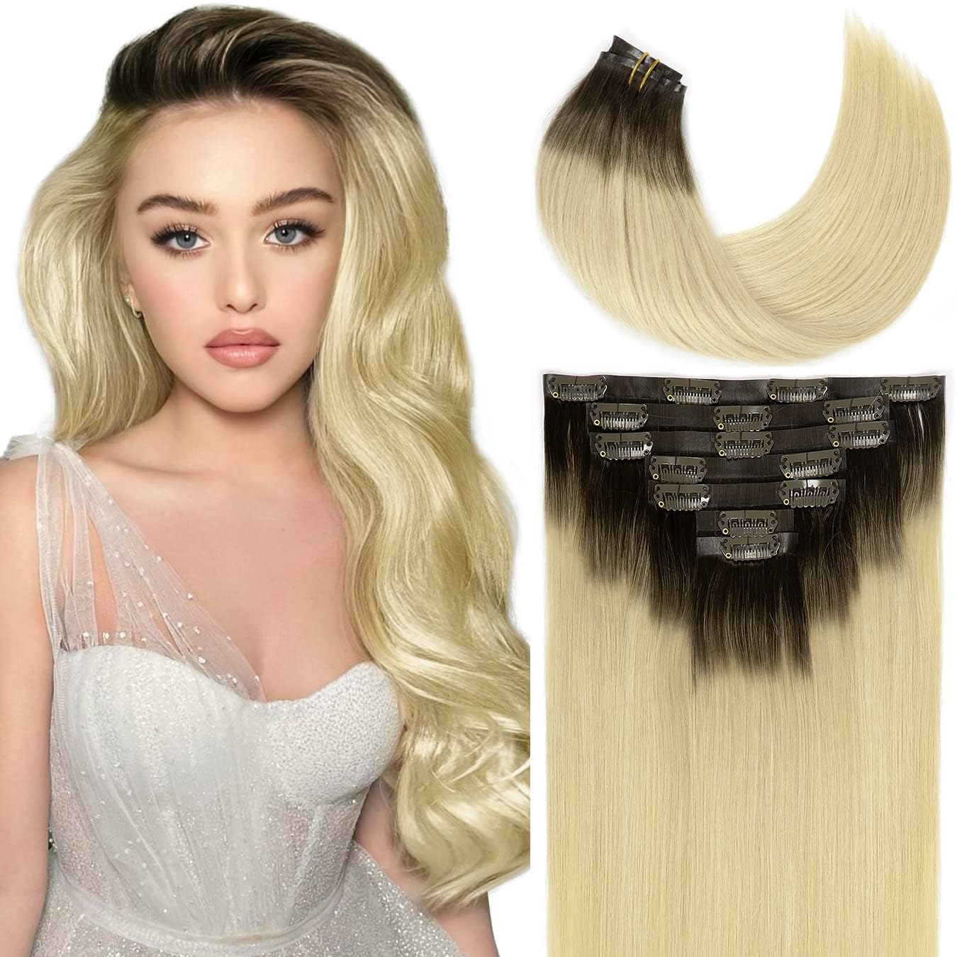 Loxxy Seamless Clip in Hair Extensions Real Human Hair Clip in Extensions Rooted Darkest Brown to Platinum Blonde Ombre 7Pcs 110G 20Inch #R2-60A