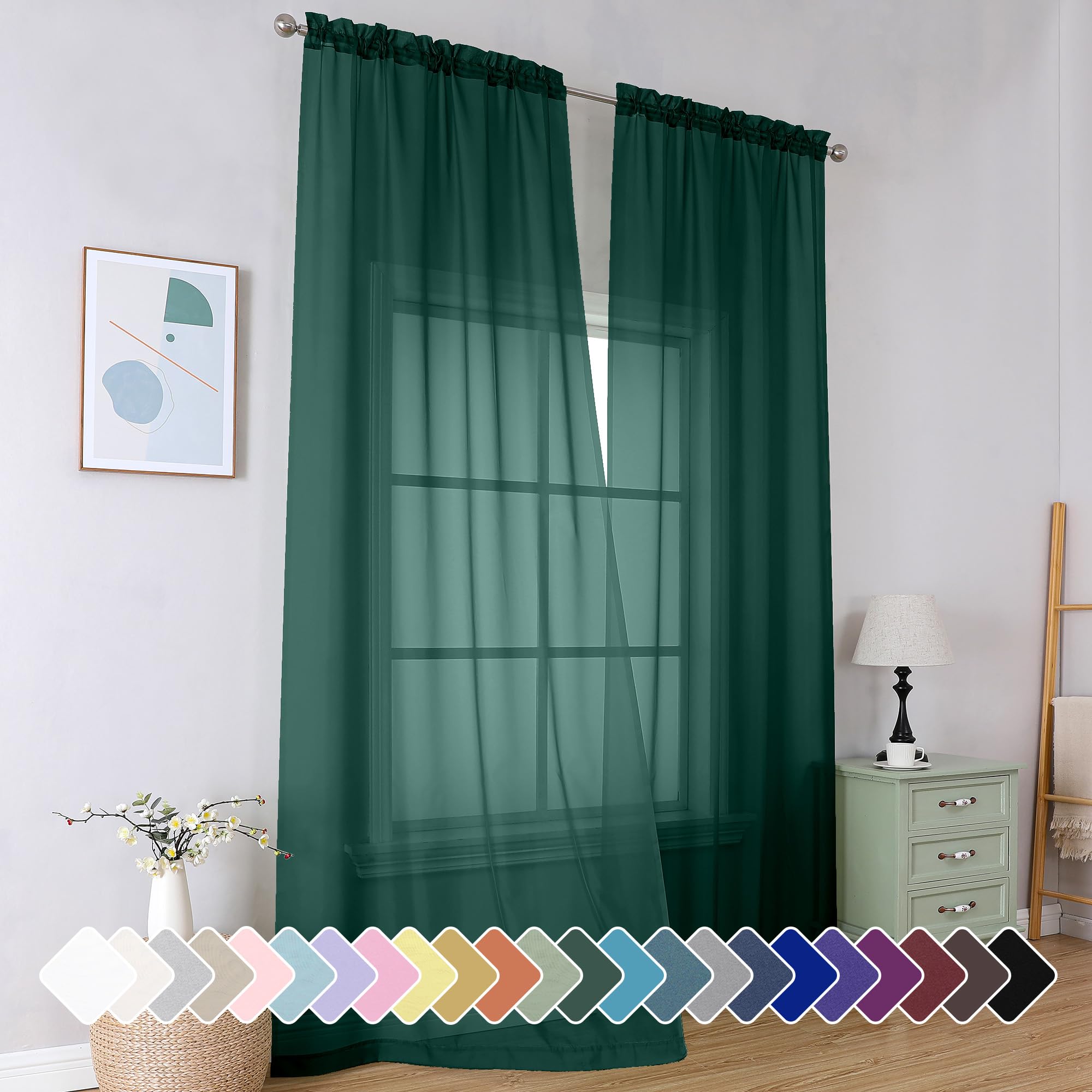 Simplebrand Hunter Green Sheer Curtains 96 Inches Long 2 Panels for Bedroom