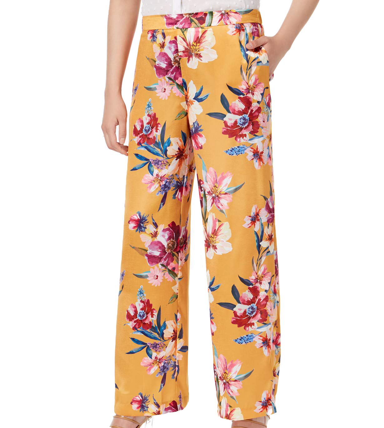 Bar III Womens Floral Casual Wide Leg Pants Yellow Medium