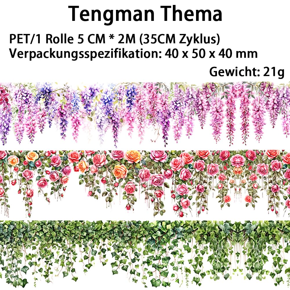 Ningmo Washi Tape Set,6 Rolls Blumen PET Wide Washi Tapes Transparent Sticker Für Scrapbooking, Journaling,Bullet Journals, Planner,Mobile Phones, Photo Albums DIY (01