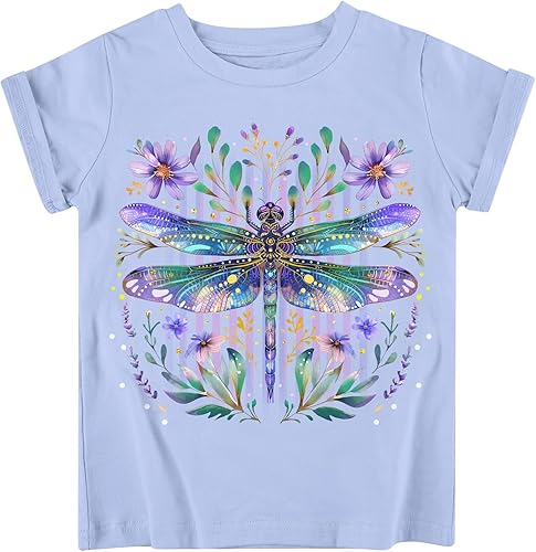 Funnycokid Little Girls Shirt 4T 5T Toddler Purple Tees Dragonflys Animal Children Cute T-Shirt Graphic Short Sleeve Clothes Tops