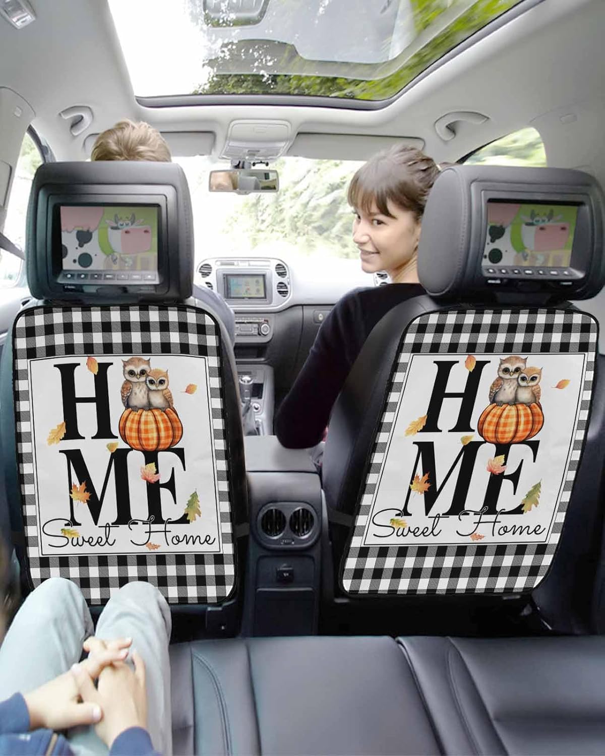 Car Seat Protector, 2 Pack Kick Mats Back Seat Protector Owls Pumpkin Solid White Background Black White Checkered Edge Waterproof Backseat Cover for Kids Universal Fit Automotive Interior Protectors