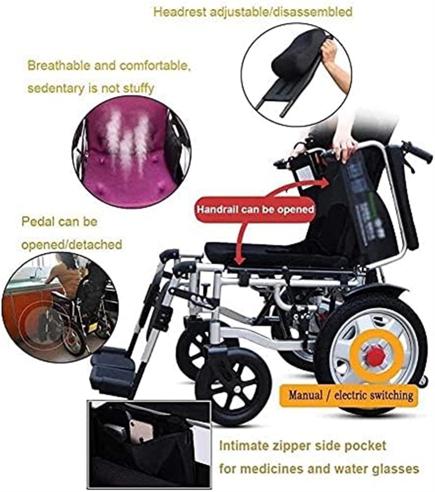 Fauteuil Roulant Électrique Pliable Et Léger - Aide À La Mobilité Intelligente À Dossier Haut Et Inclinable For Personnes Handicapées - Supporte Jusqu'à 400 Lb(Black,20A)