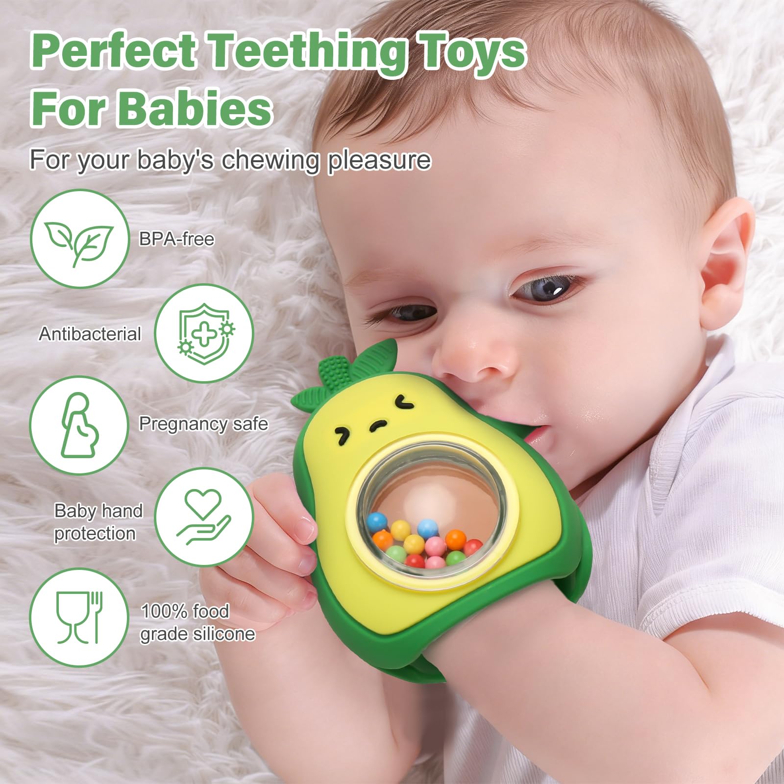 Beißring Baby, Zahnungshilfe aus Silikon, Baby Spielzeug ab 0 3 6 9 Monate, Beissring Babys, Rassel Ruder Greifling Beißspielzeug, BPA-frei, für Jungen & Mädchen, Geschenk für Kleinkind (Grün) - 3