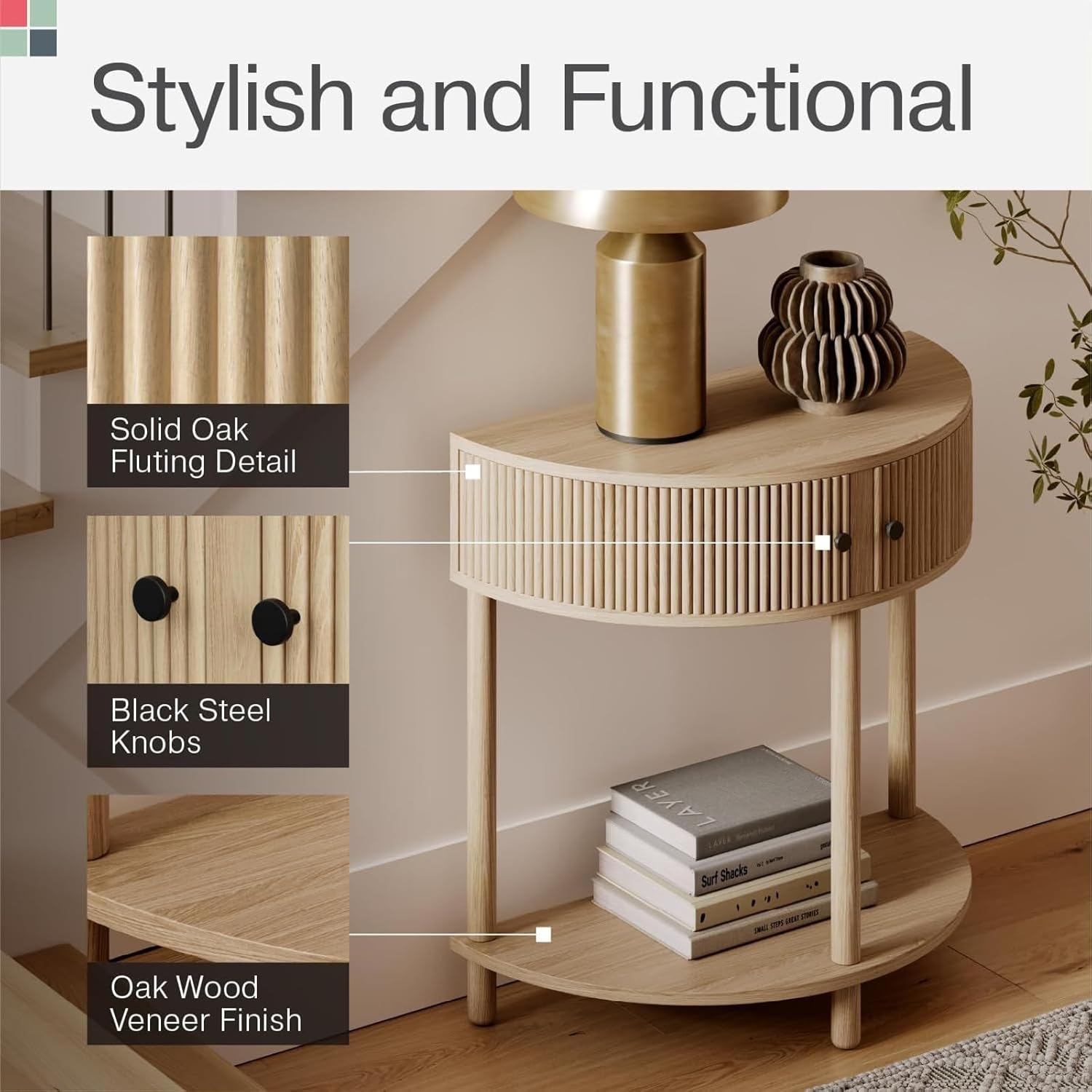 Fluted Half Moon Shaped Console Table, Small Entry Desk, Living Room Furniture, Modern Home Decor, Solid Wood Entryway Table with Two Doors and Black Knobs (Natural Oak)