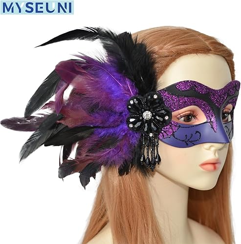 Miniatura 6 de Máscara de mascarada para parejas, color morado, máscara de plumas para pareja y máscara veneciana para fiesta de máscaras, Mardi Gras, Halloween,