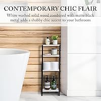 Vista 3 de MyGift Estante de pie de 4 niveles de madera maciza lavada de color blanco desgastado y metal negro mate, estante decorativo rectangular