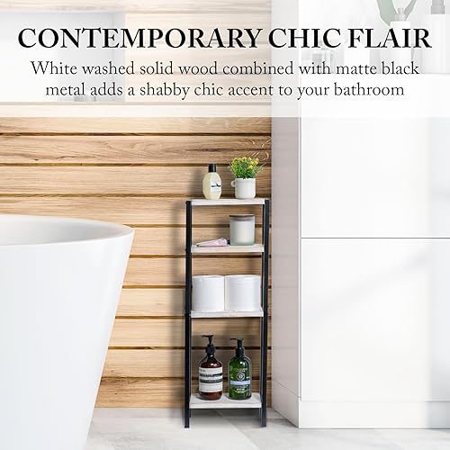 Miniatura 3 de MyGift Estante de pie de 4 niveles de madera maciza lavada de color blanco desgastado y metal negro mate, estante decorativo rectangular para