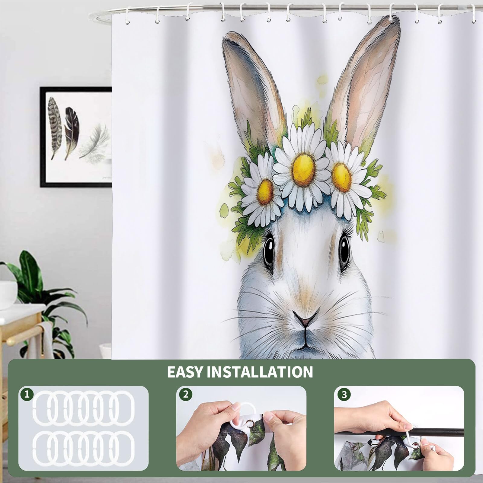 Rideau De Douche Daisy Bunny Animaux À L'Aquarelle Tissu Imperméable Lavable avec Crochets Anti Moisissure en Polyester Rideau Douche pour Salle De Bain