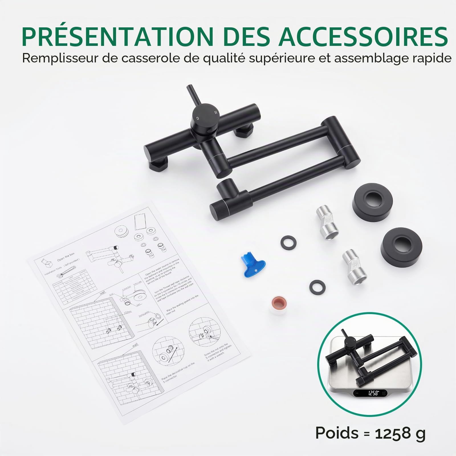 CREA Robinet Mural Robinet de Cuisine, Mitigeur Evier 2 Jets d'eau,Pivotant à 360° pour Évier de Cuisine Double Poignée, Eau Chaude et Froide,Aérateur Démontable,Noir Mat