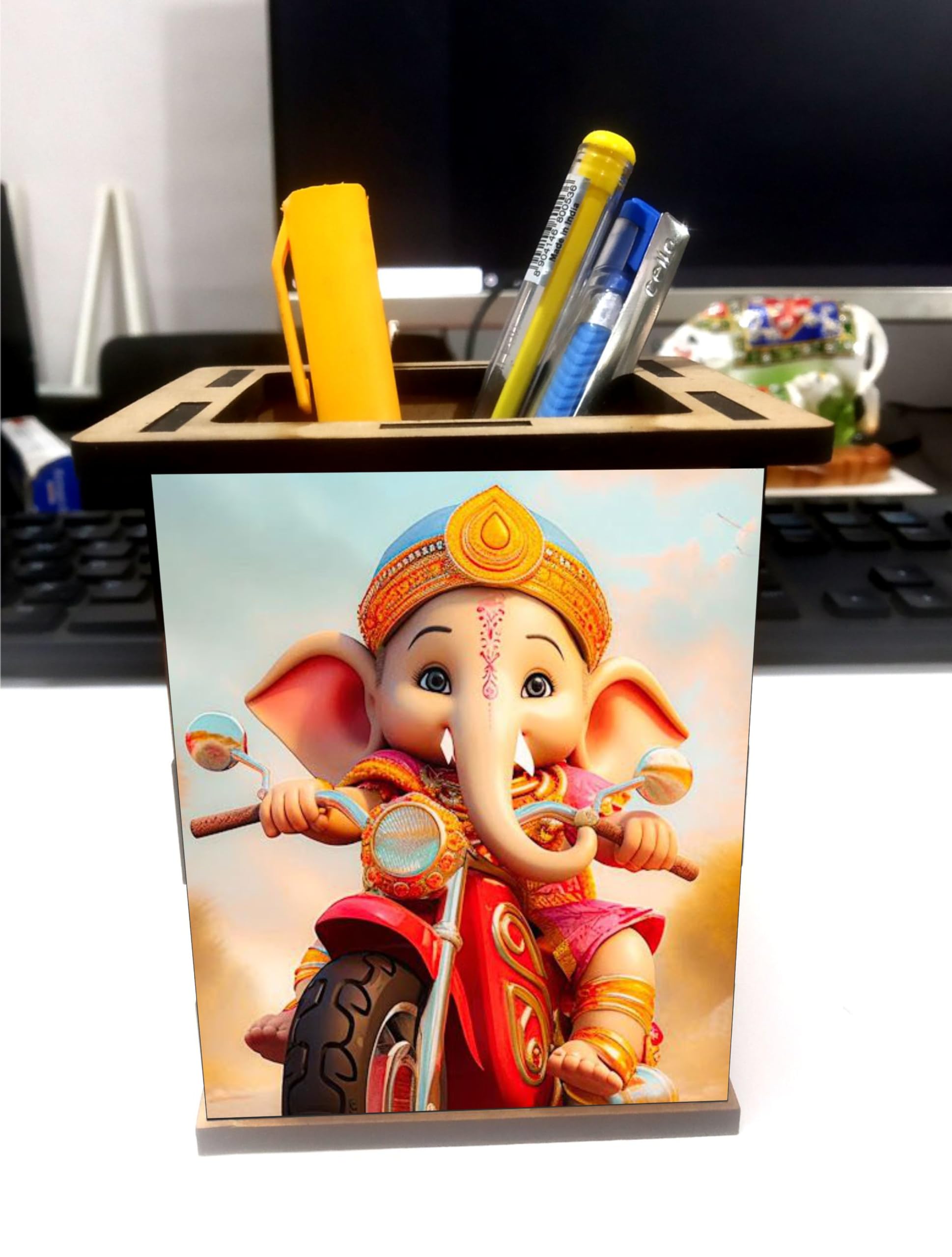 jwalpa Creation Wooden Pen Stand with Hand Painted photo Return Gift Office Stationery Pen Holder, Multicolor Desk Organizer Pen And Pencil Holder (Ganesh ji-penstand)