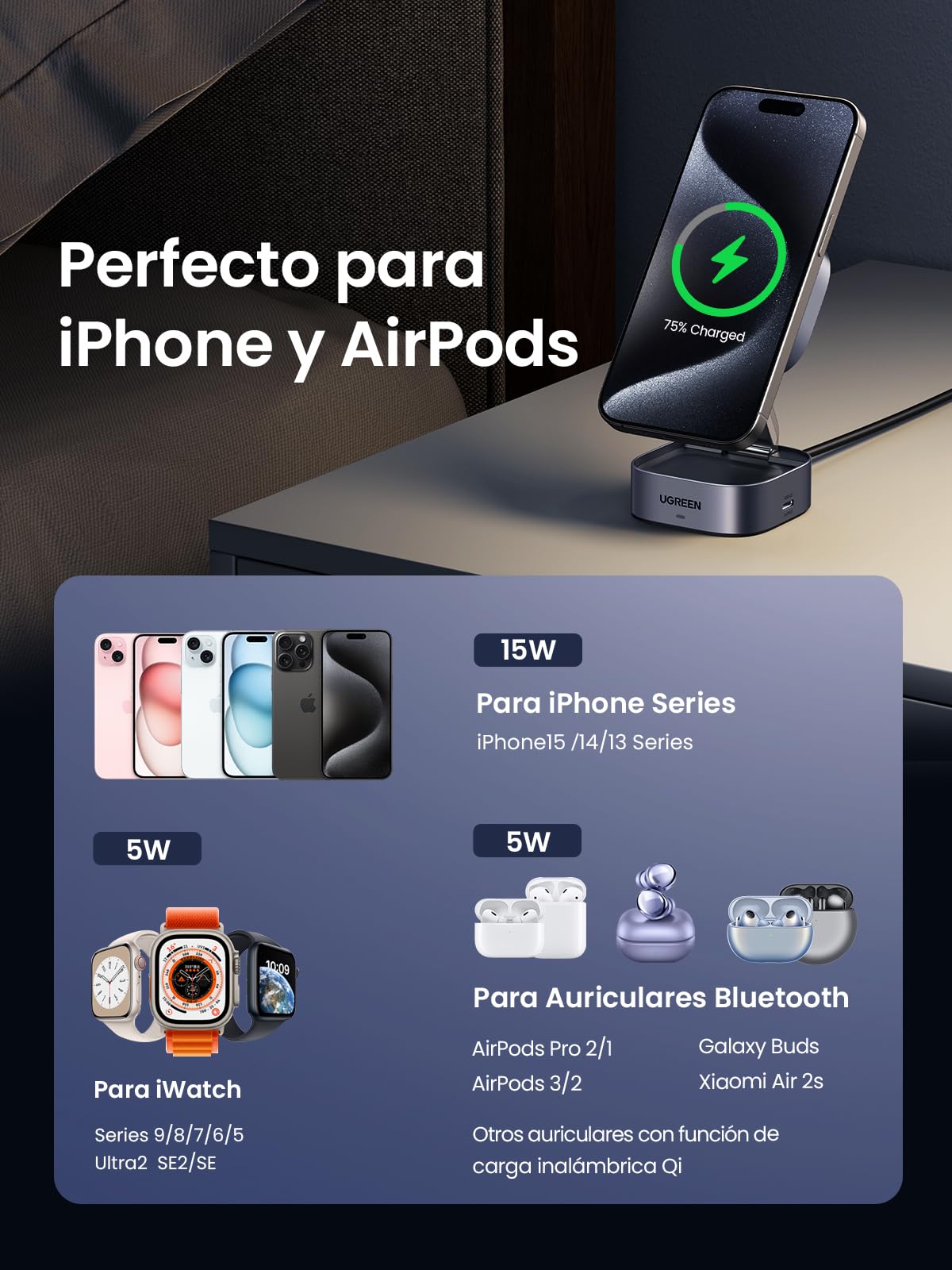 UGREEN MagFlow Qi2 15W 2 en 1 Cargador Inalámbrico MagSafe