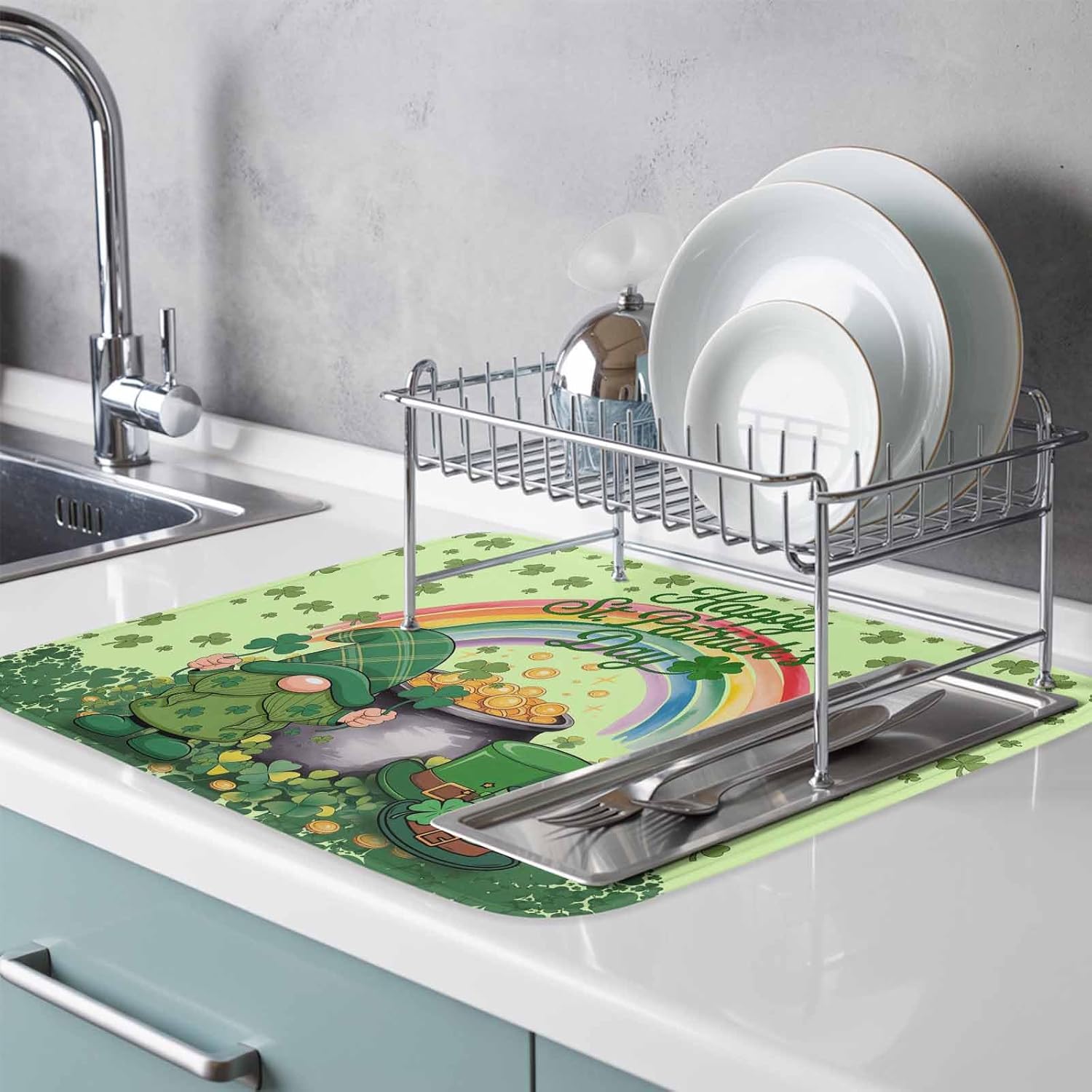 Green Gnomes St. Patrick's Day Dish Drying Mat for Kitchen Counter, Microfiber Dishes Drainer Mat Rack Pad, Lucky Clovers Rainbow Absorbent Dish Bottle Drying Mats, 18''x24'', 2 Pack