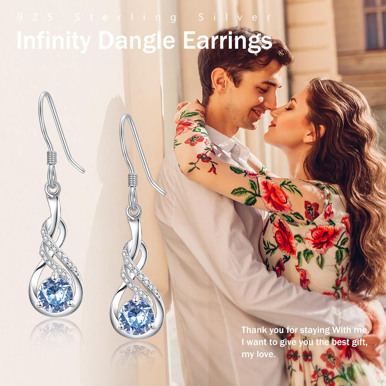 KINGWHYTE Infinity Earrings 925 Sterling Silver Infinity Created Earrings for Women Birthstone Dangle Earrings for Girls Birthday Anniversary Infinity Gifts