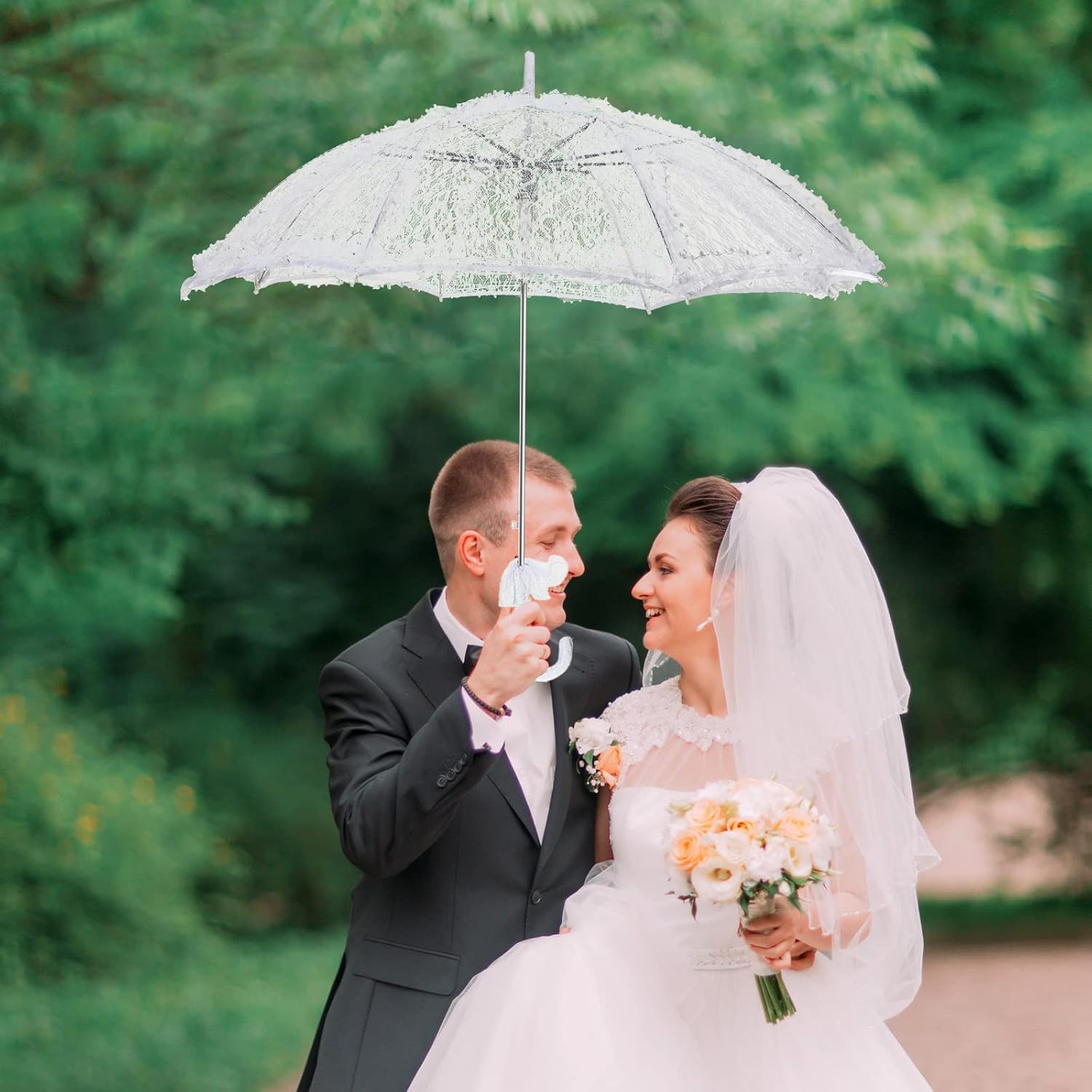 Amylove 12 Pack White Lace Parasol Umbrella Bulk Wedding Umbrella for Bridesmaids and Bridal Flower Photo Prop Vintage Decoration Lady Costume 1920s Party and Tea Party