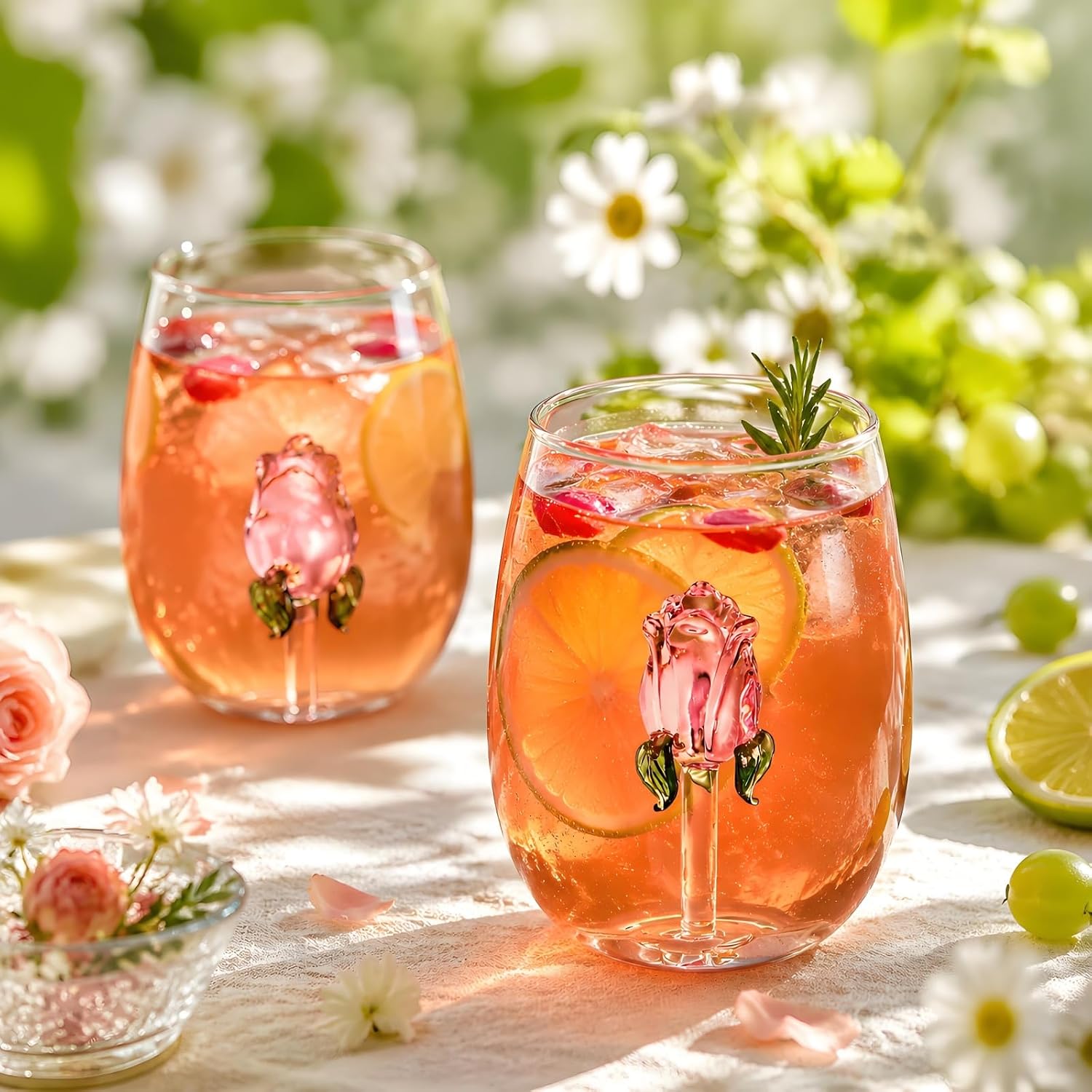 Pumtus Set of 2 Stemless Wine Glassware with Rose Inside, 20 OZ Large Stemless Floral Wine Glasses, Unique Short Wine Tumbler, Romantic Fancy No Stem Beverage Cup for Lover Gift, Wedding, Bar image 4