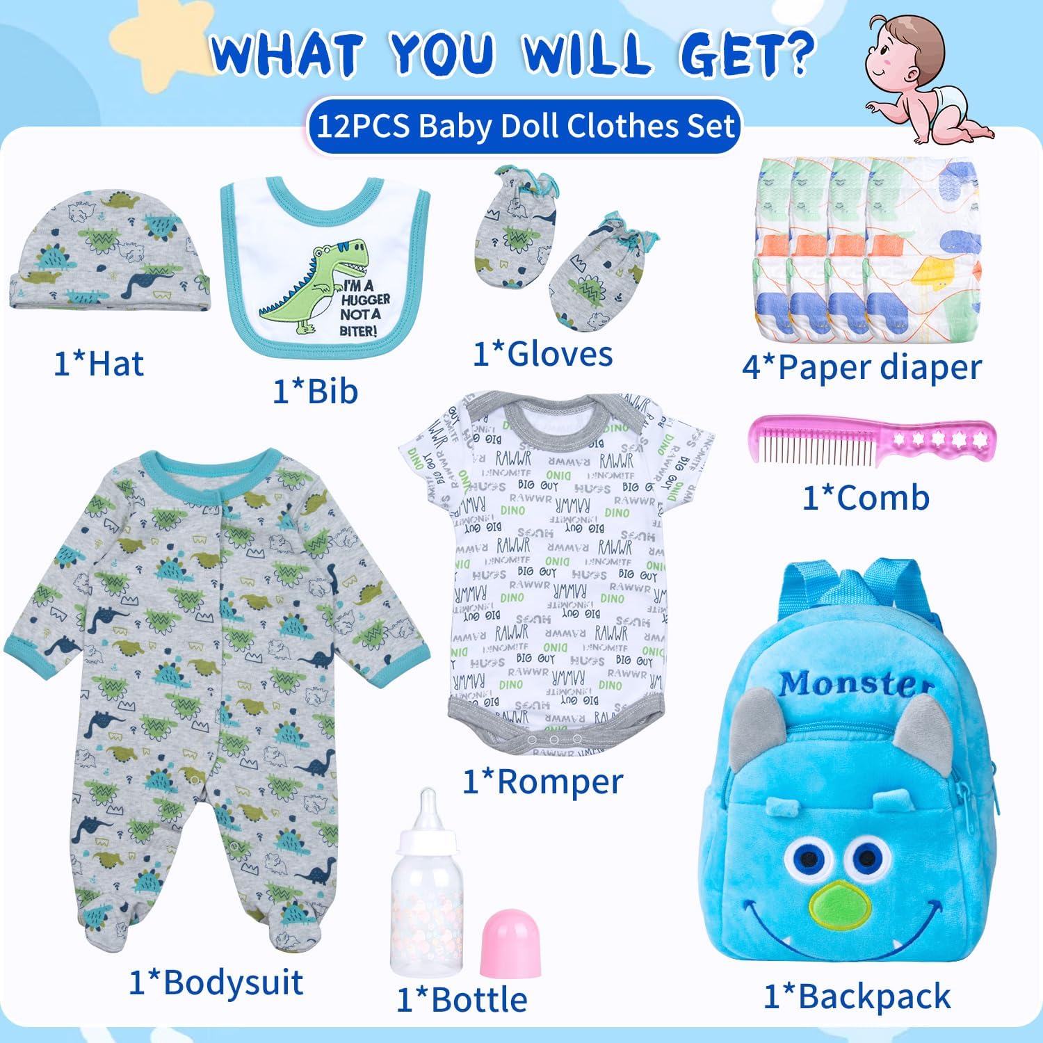 PEDOLLTREE 12 Pcs Set Reborn Baby Dolls Clothes Outfit Accessories Blue Dinosaur Set for 17-22 Inch Reborn Doll Newborn Boy with Monster Backpack Diaper