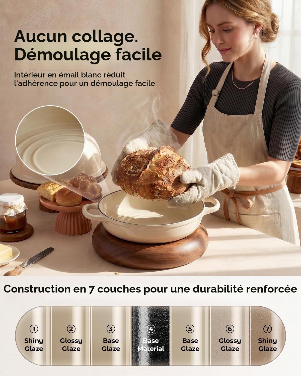 Faitout pour la cuisson du pain – Cocotte en fonte avec couvercle, ronde en fonte émaillée avec couvercle en forme de dôme, cadeau pour boulangers au levain, blanc