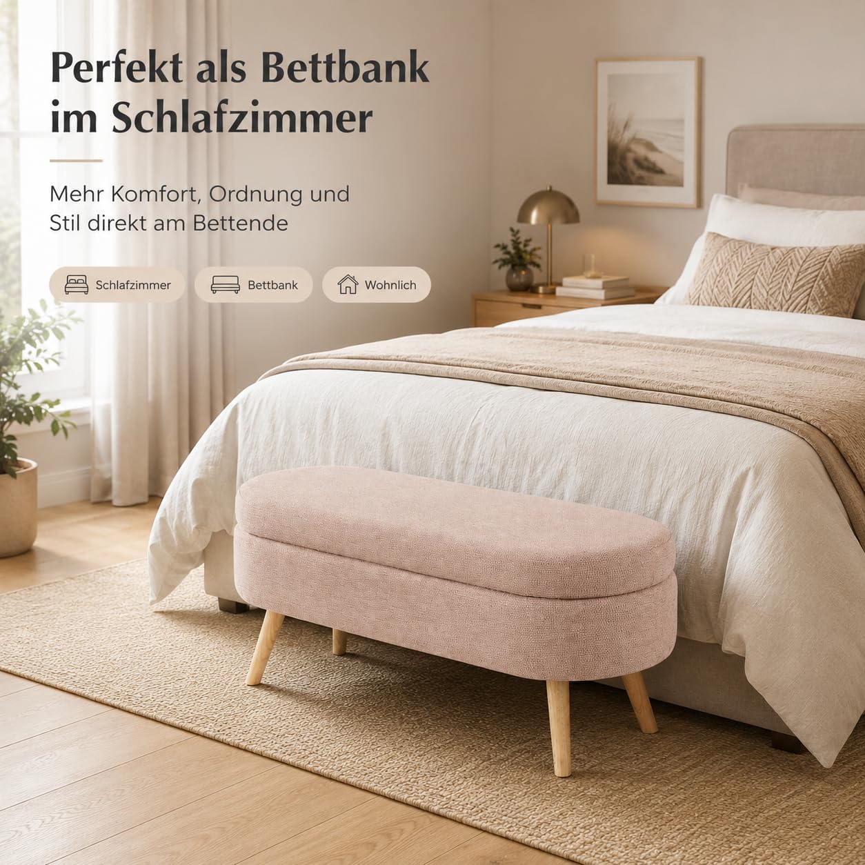 Sitzbank mit Stauraum, Polsterbank 110 cm mit Klappdeckel, Bettbank für Schlafzimmer, Flur & Wohnzimmer, Chenille-Optik,Holzbeine, bis 150 kg belastbar (Rosa)