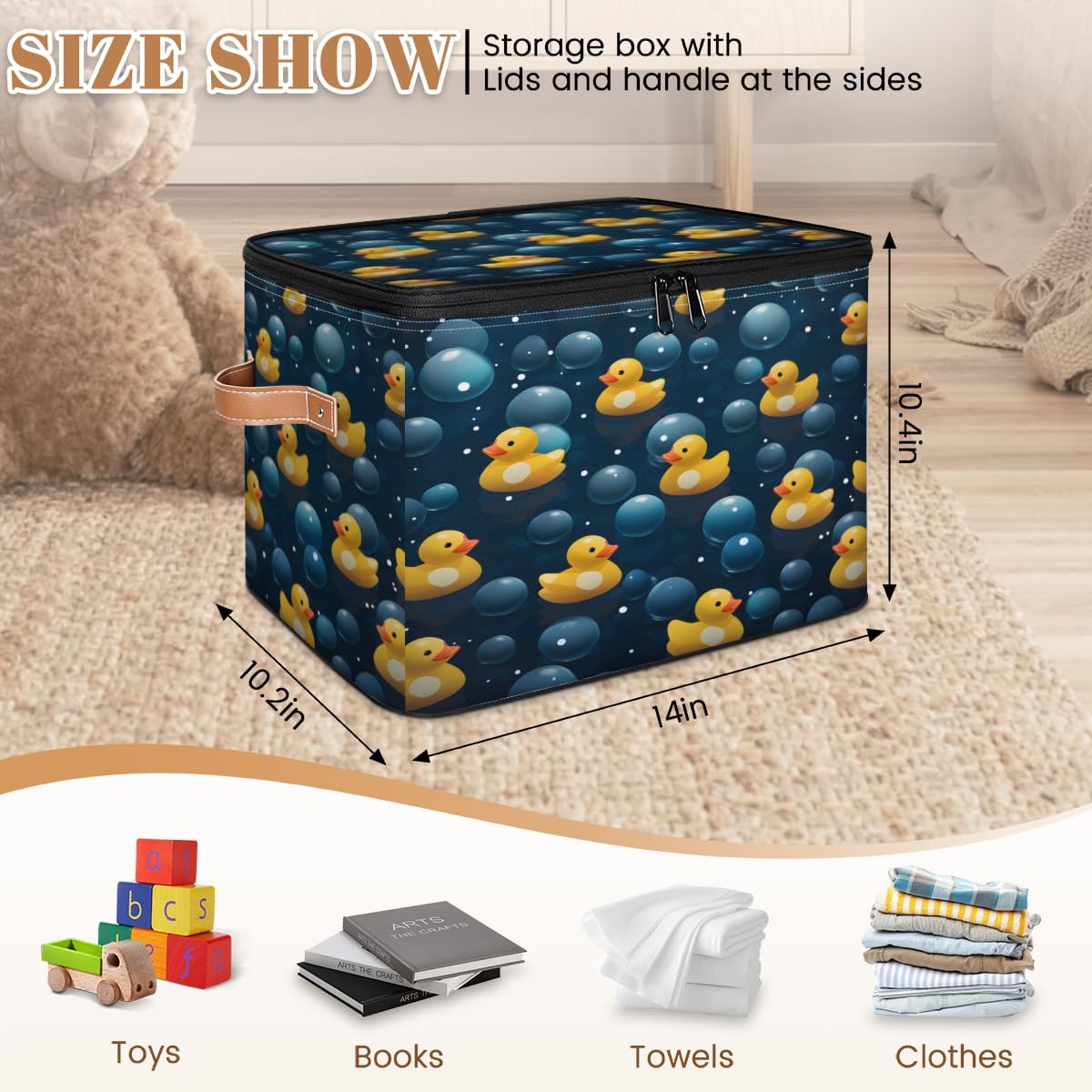 Storage Bin Set of 2 Bubble Ducks Storage Basket with Zipper Lid & Handle Foldable Closet Shelf 2 Pack Cloth Organizer Basket Cube Bins Clothes Organizer for Nursery, Bedroom