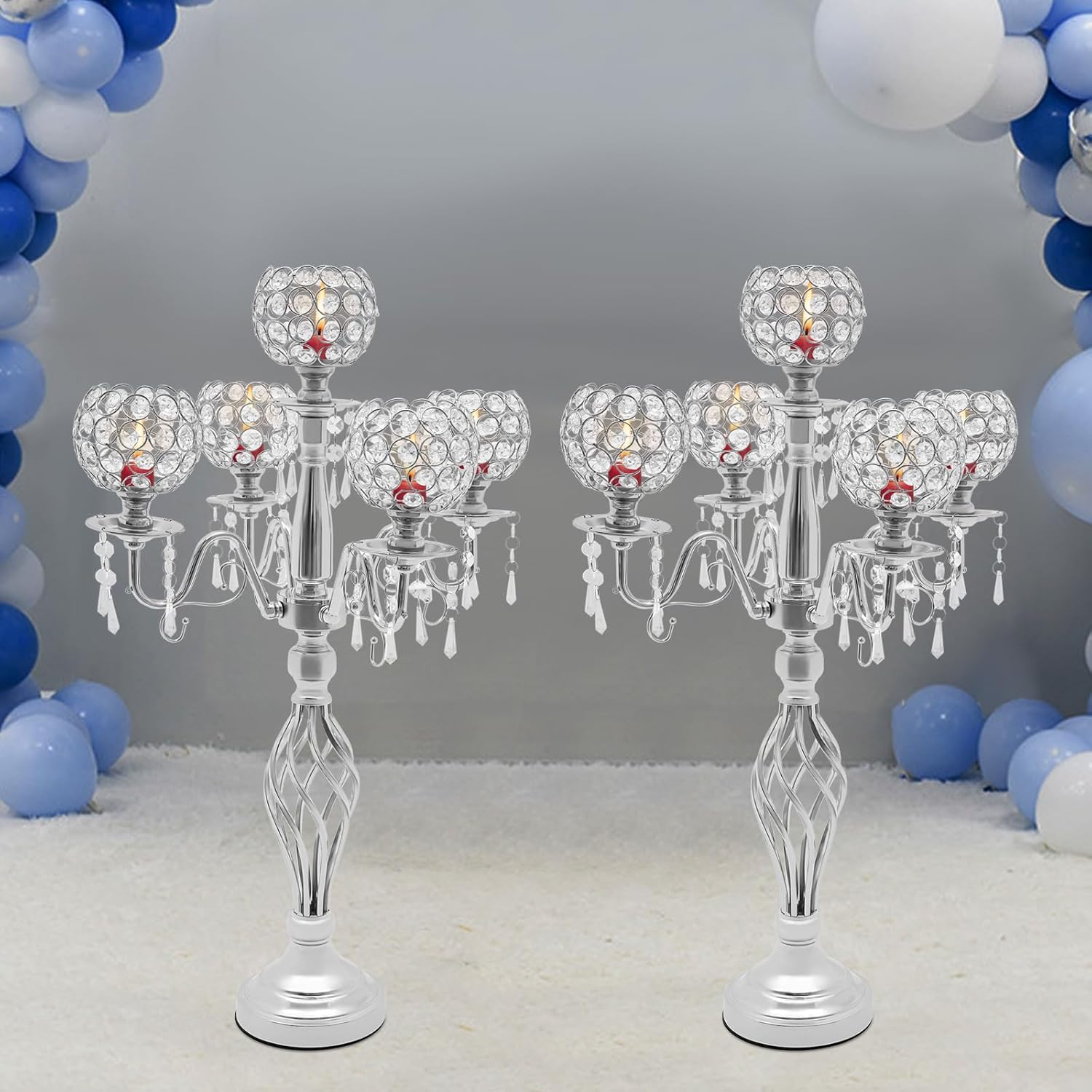 DYNAMI 2Pcs Crystal Candelabra Centerpieces for Tables,5 Arm Bowl Candle Holders 26.8" Tall Candlestick Holders,with Crystal Decor, for Wedding Christmas Dinner Party Events (Silver)