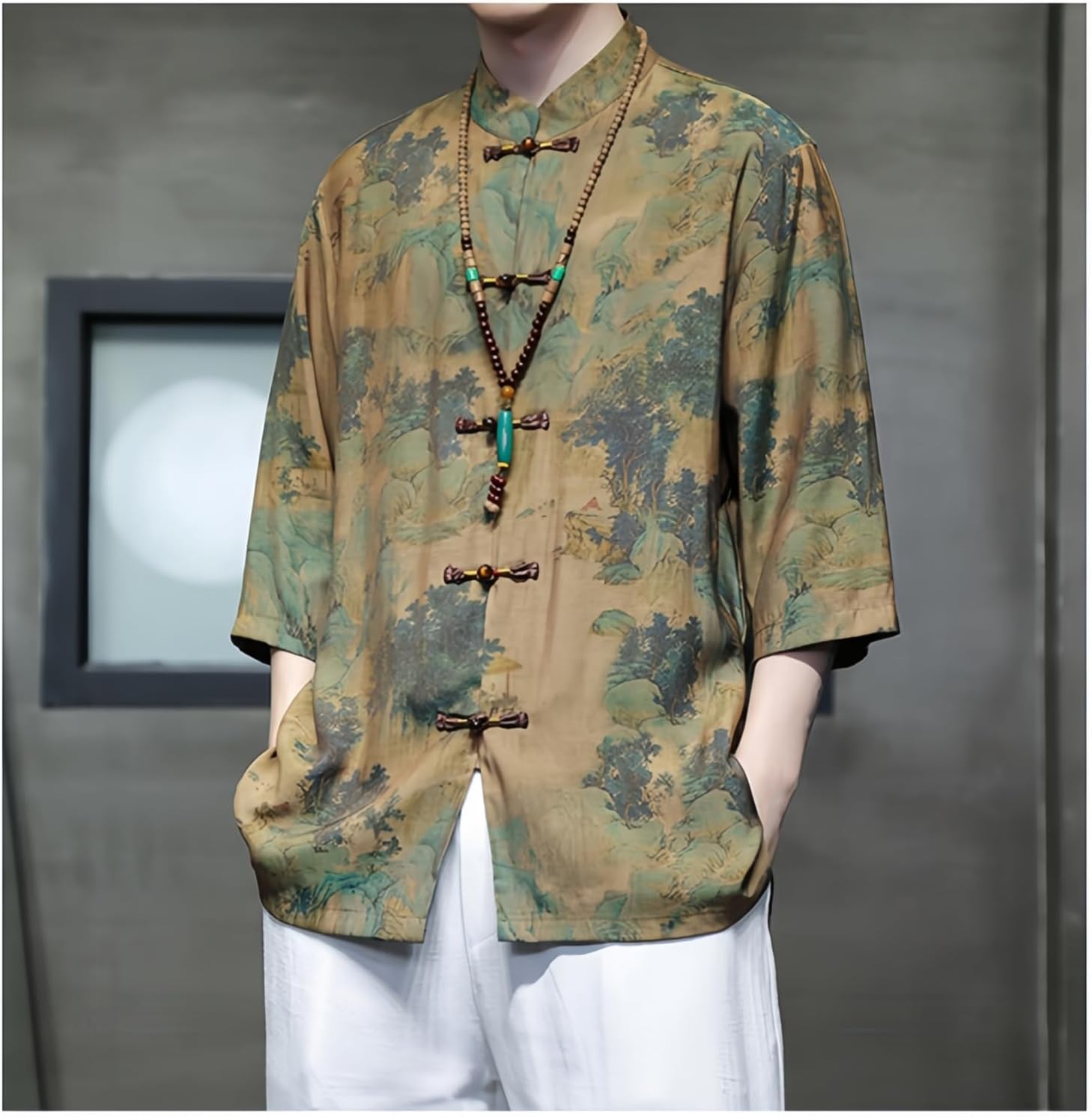 Men's Kung Fu Shirt,Traditional Chinese Hanfu Tang Suit Coat with Silk Printing,Half Sleeve Top for Casual Summer Outfits