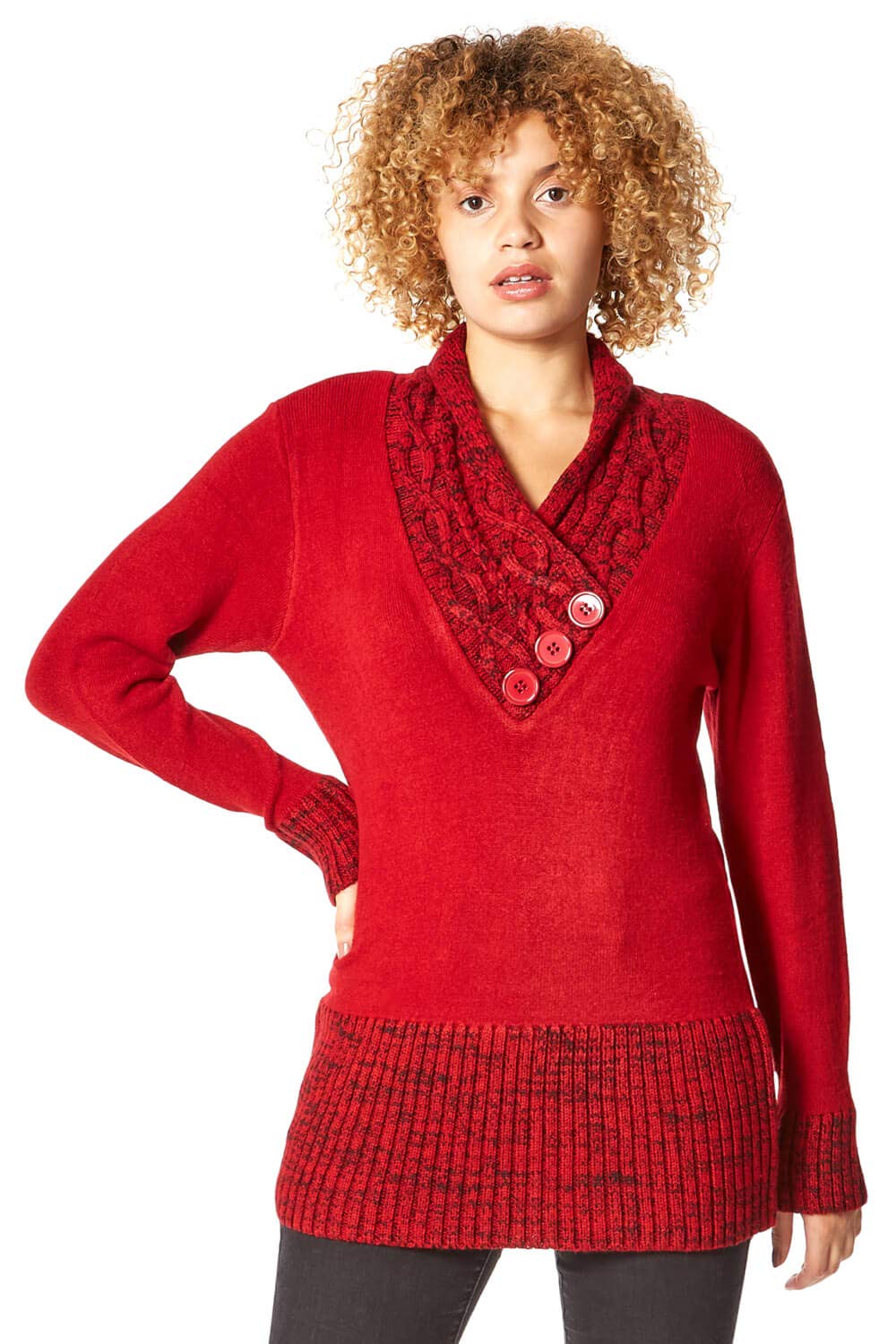 Roman Originals Red Jumper For Women Uk - Ladies Button Detail Embellished Tunic Sweater V-Neck Overlap Autumn Winter Smart Office Work Wear Casual Warm Cosy Pullover Day - - Size 12