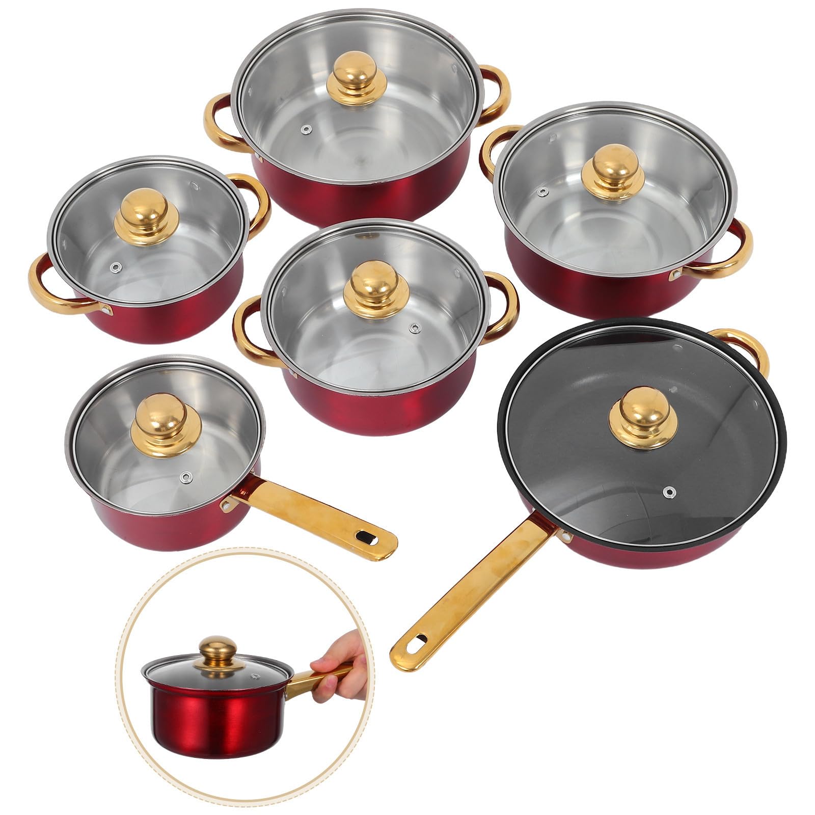 CHILDWEET Juego de Ollas y Sartenes de Acero Inoxidable de 12 Piezas Tapas de Vidrio, Resistente al Calor y Fácil Limpieza para Uso Personal y Obsequio